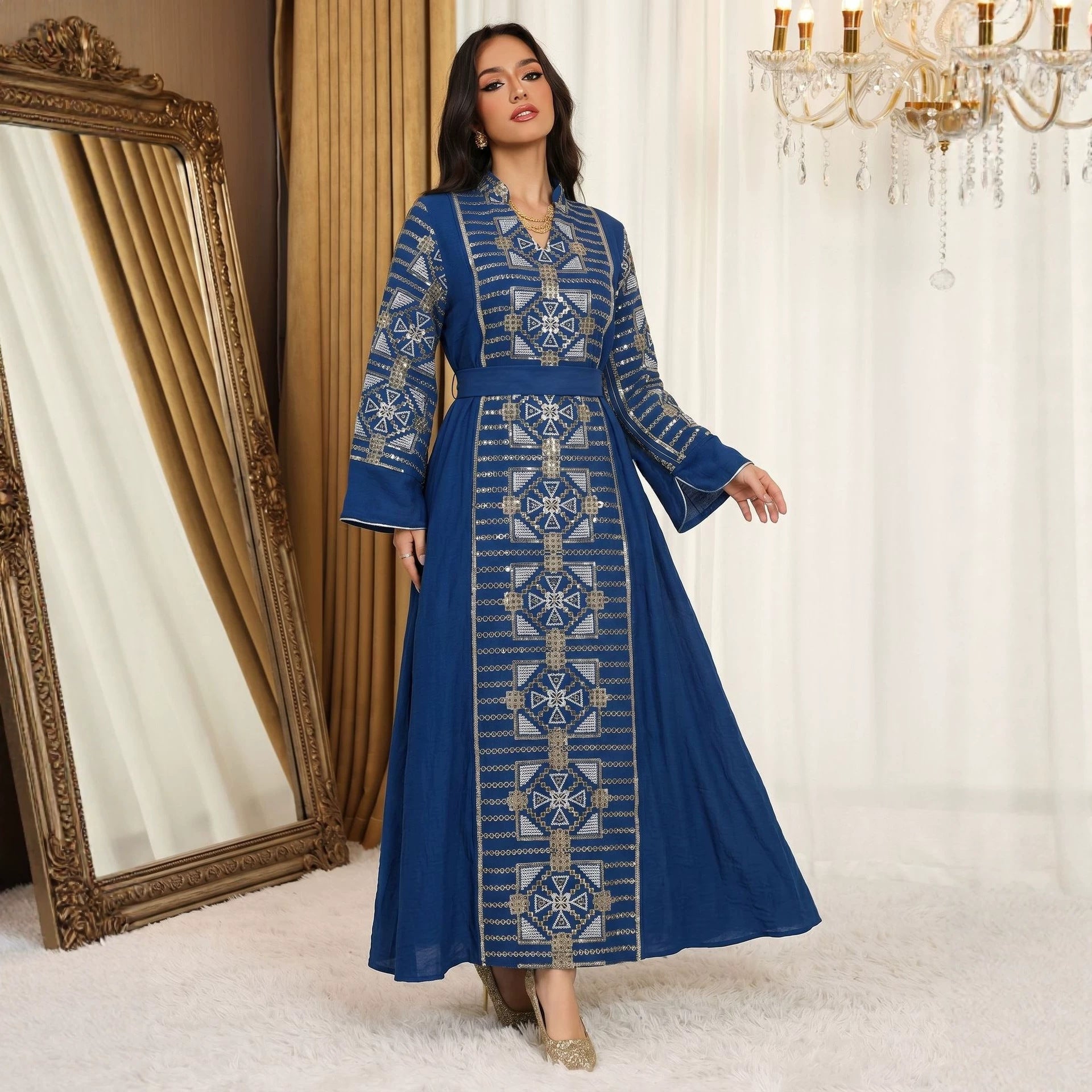 Gold Thread Sequin Embroidered Luxury Gown Jalabiya Modest Long Maxi Evening Dress for Muslim Women Eid Ramadan S-XXL