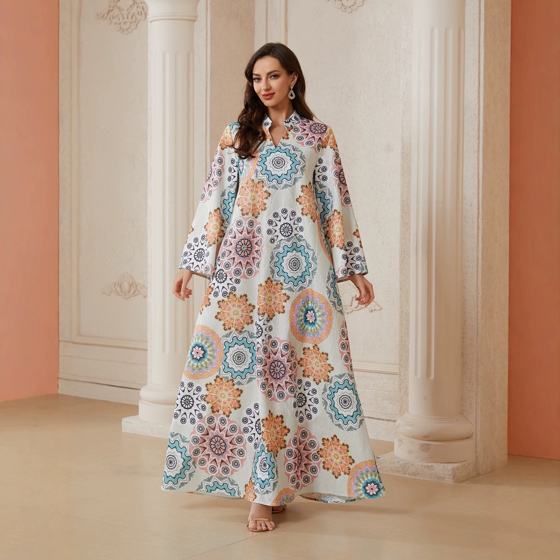 2026 New Arabian Boho Couture Multi Color Mandala Pattern Abaya Lightweight Textile Oversize Loose Long Sleeve Plus Size Modest Kaftan For Eid Banquet Family Trip