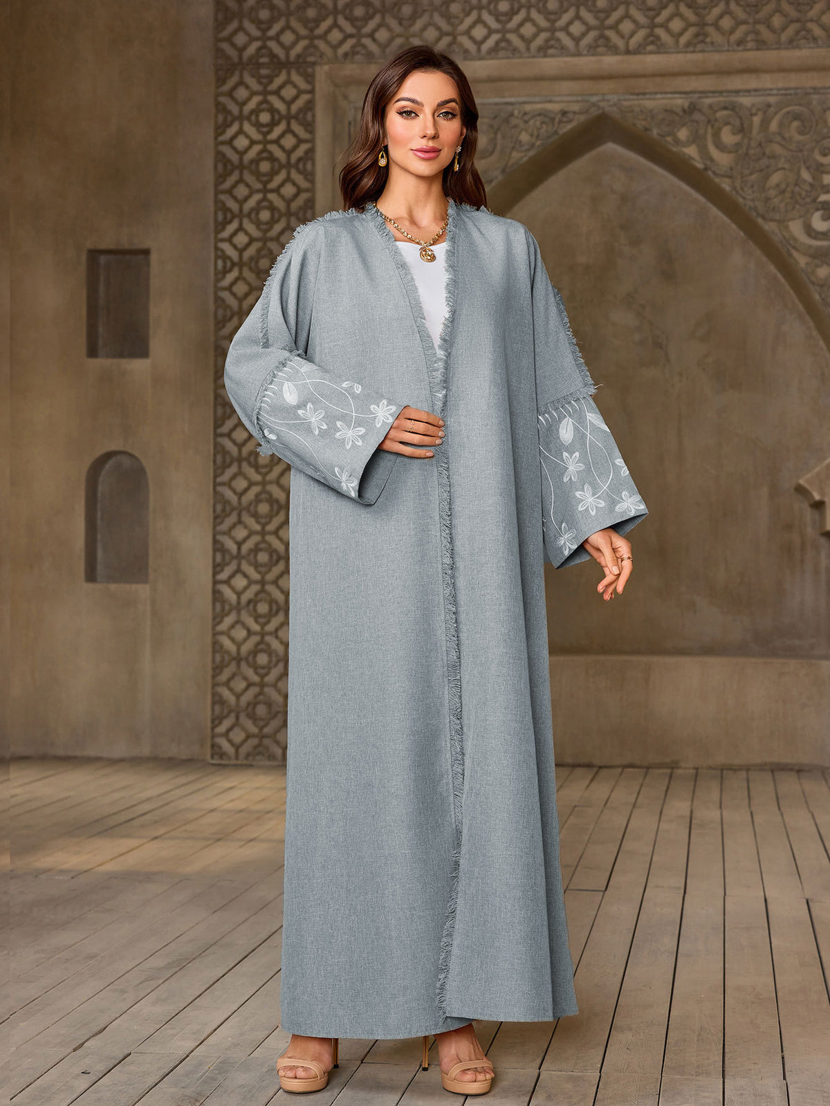 Floral Embroidered Elegant Open Front Abaya Cardigan Modest Long Maxi Dress Gown for Muslim Women Eid Ramadan Banquet M-L