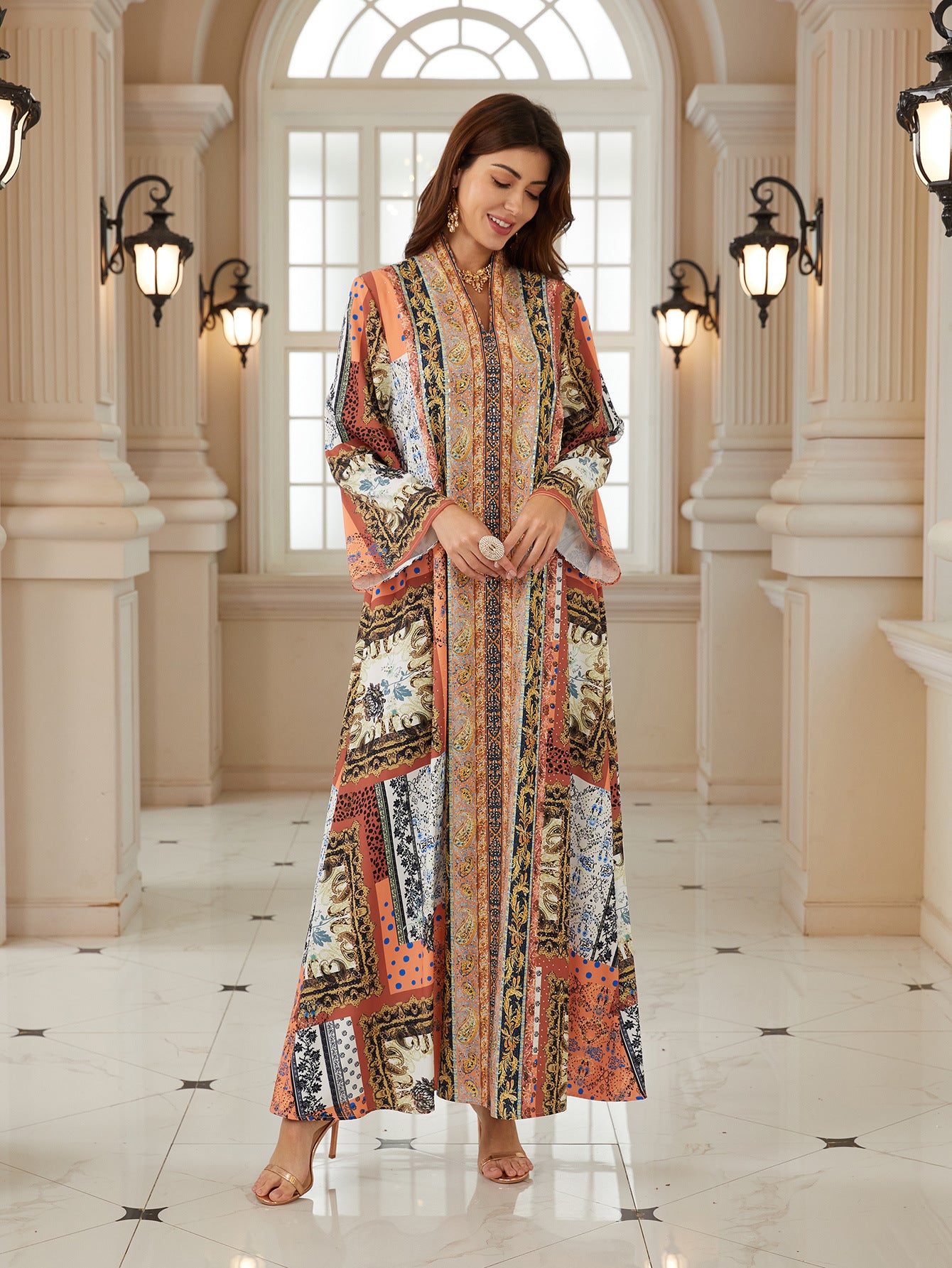 Chic Tribal Floral Kaftan – Bohemian Modest Maxi Dress