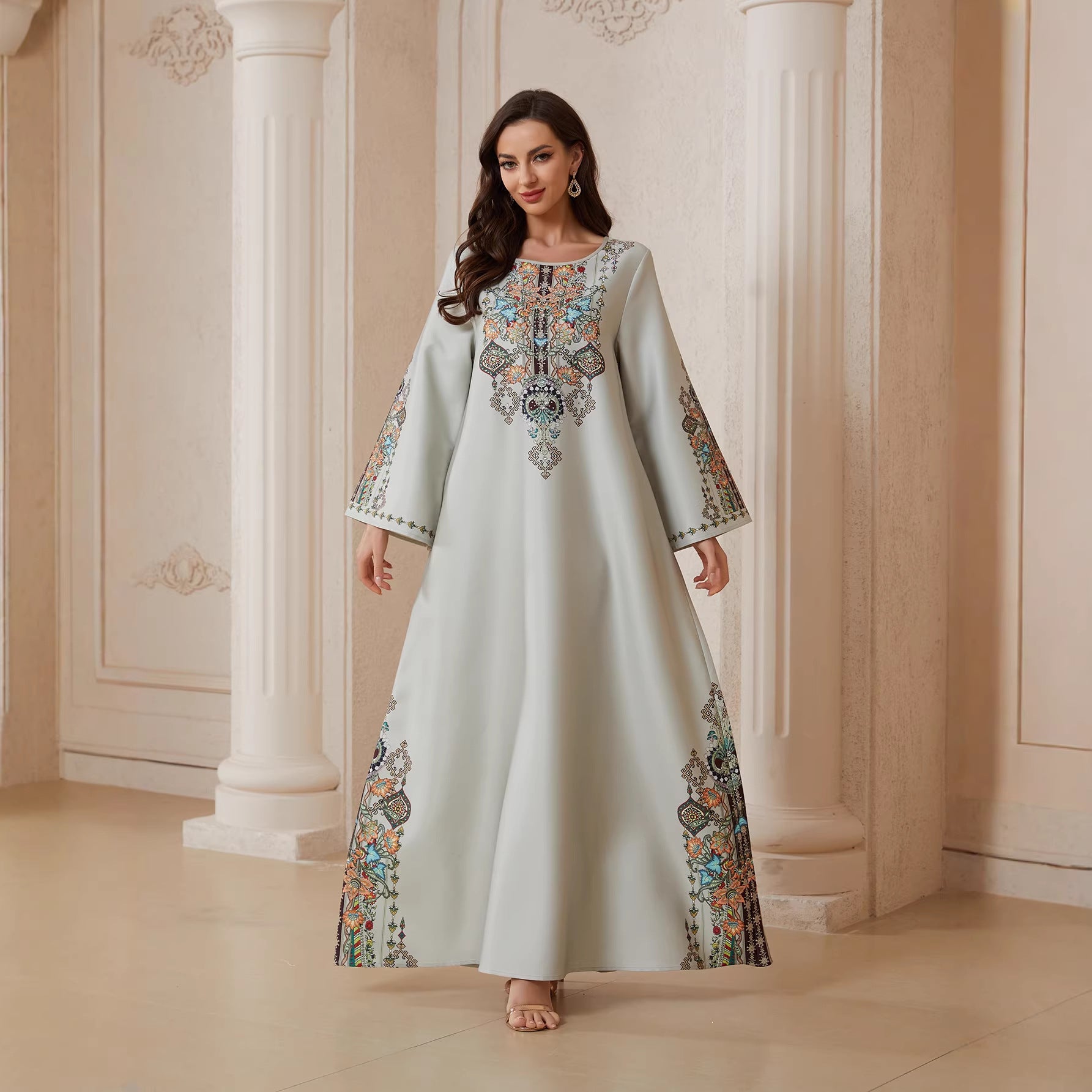 Pastel Light Grey Matte Crepe Long Kaftan Robe For Ladies Round Neck Long Sleeve With Symmetric Multi-Color Floral Embroidery Full Length Formal Modest Outfit