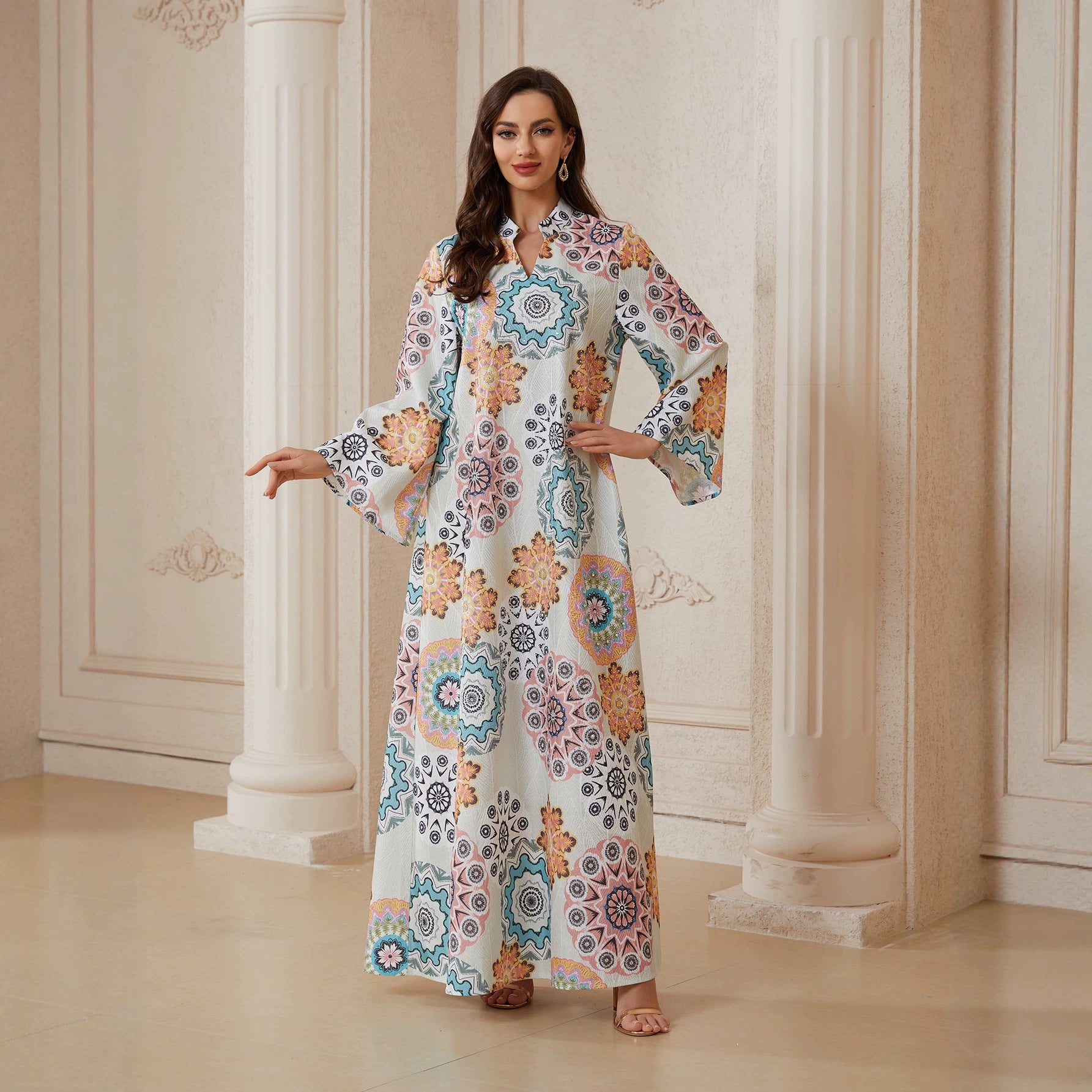 2026 New Arabian Boho Couture Multi Color Mandala Pattern Abaya Lightweight Textile Oversize Loose Long Sleeve Plus Size Modest Kaftan For Eid Banquet Family Trip
