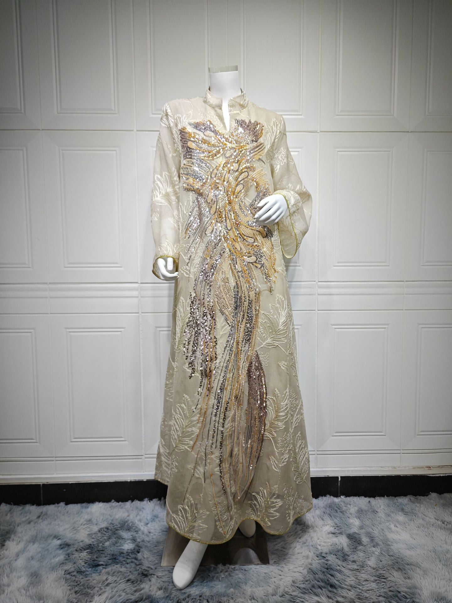 Elegant Oversized Wide Flare Sleeve Muslim Long Robe For Ladies Handcrafted Phoenix Sequins Embroidery Light See-through Leaf Print Abaya Four Shades Formal Ceremony Gown