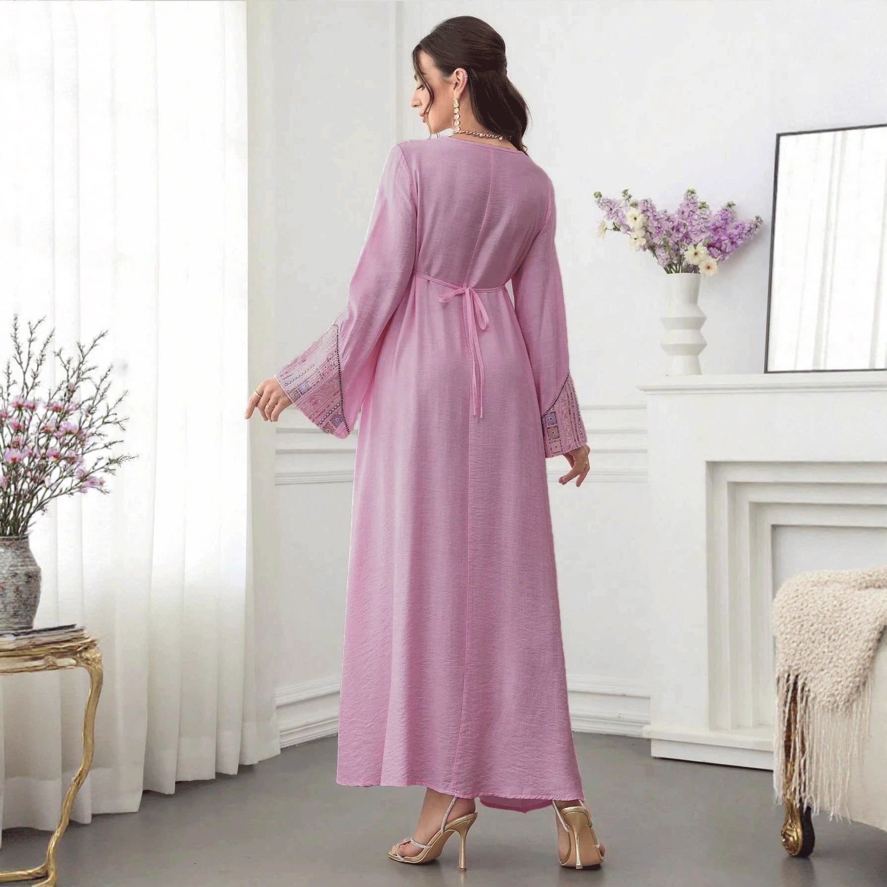 Sequin Embroidered Long Dress with Cover-Up Jalabiya Modest Long Maxi Dress for Muslim Women Ramadan Prayer Casual Wear S-XXL
