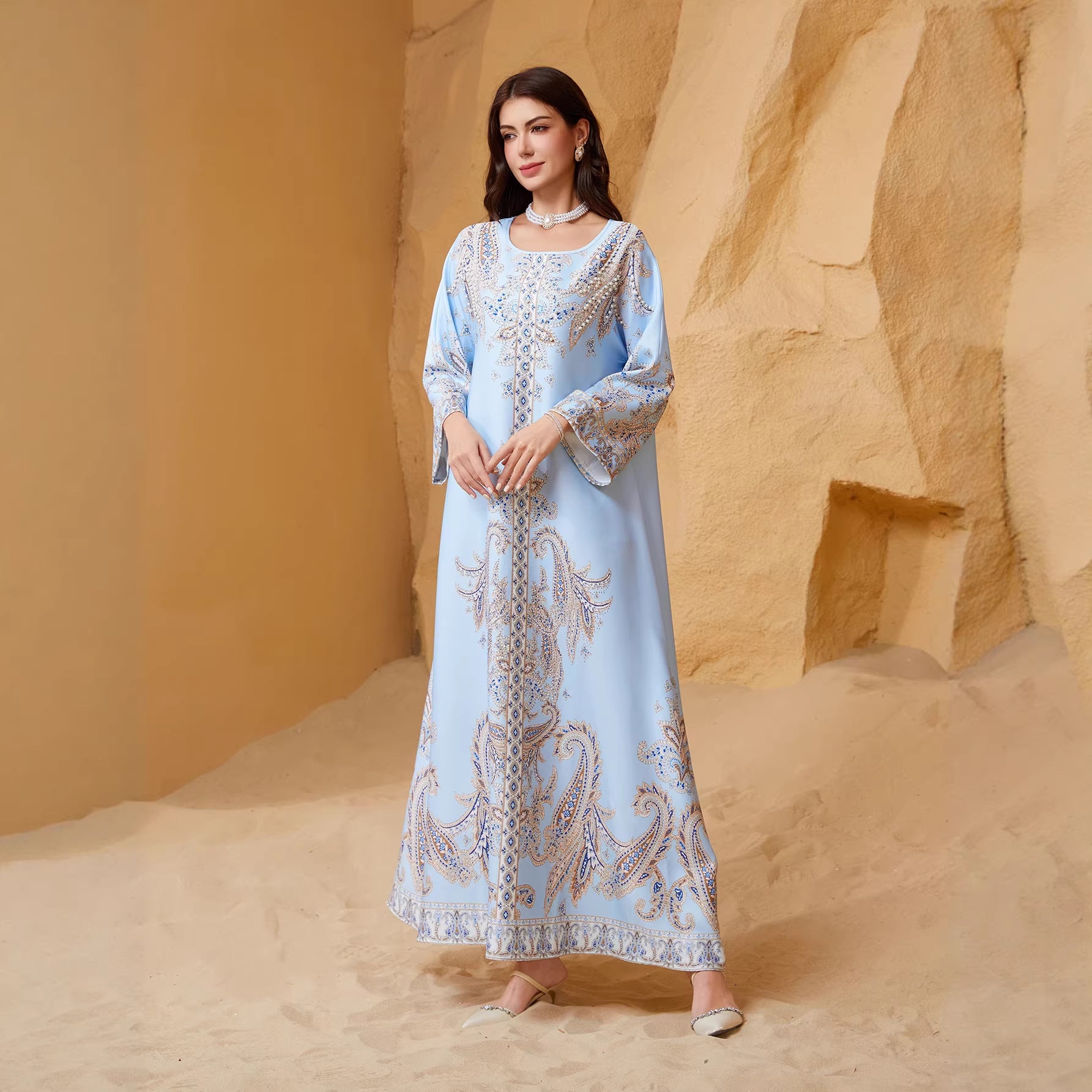 Stylish Light Blue Yellow Beaded Kaftan Abaya Maxi Dress Eid Ramadan