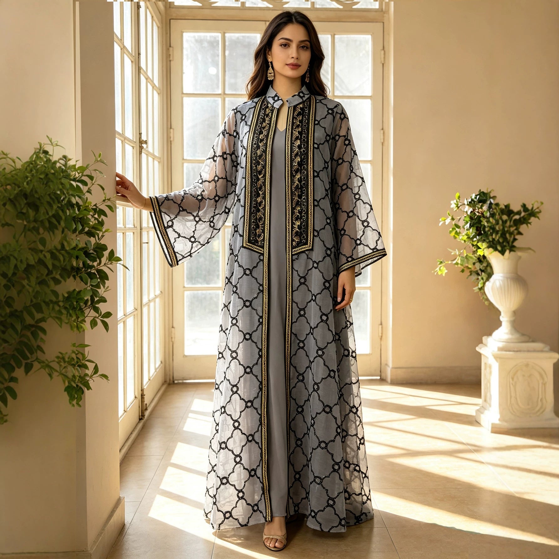 Grey and Black Heavy Embroidered Mesh Open Cardigan Two-Piece Maxi Set