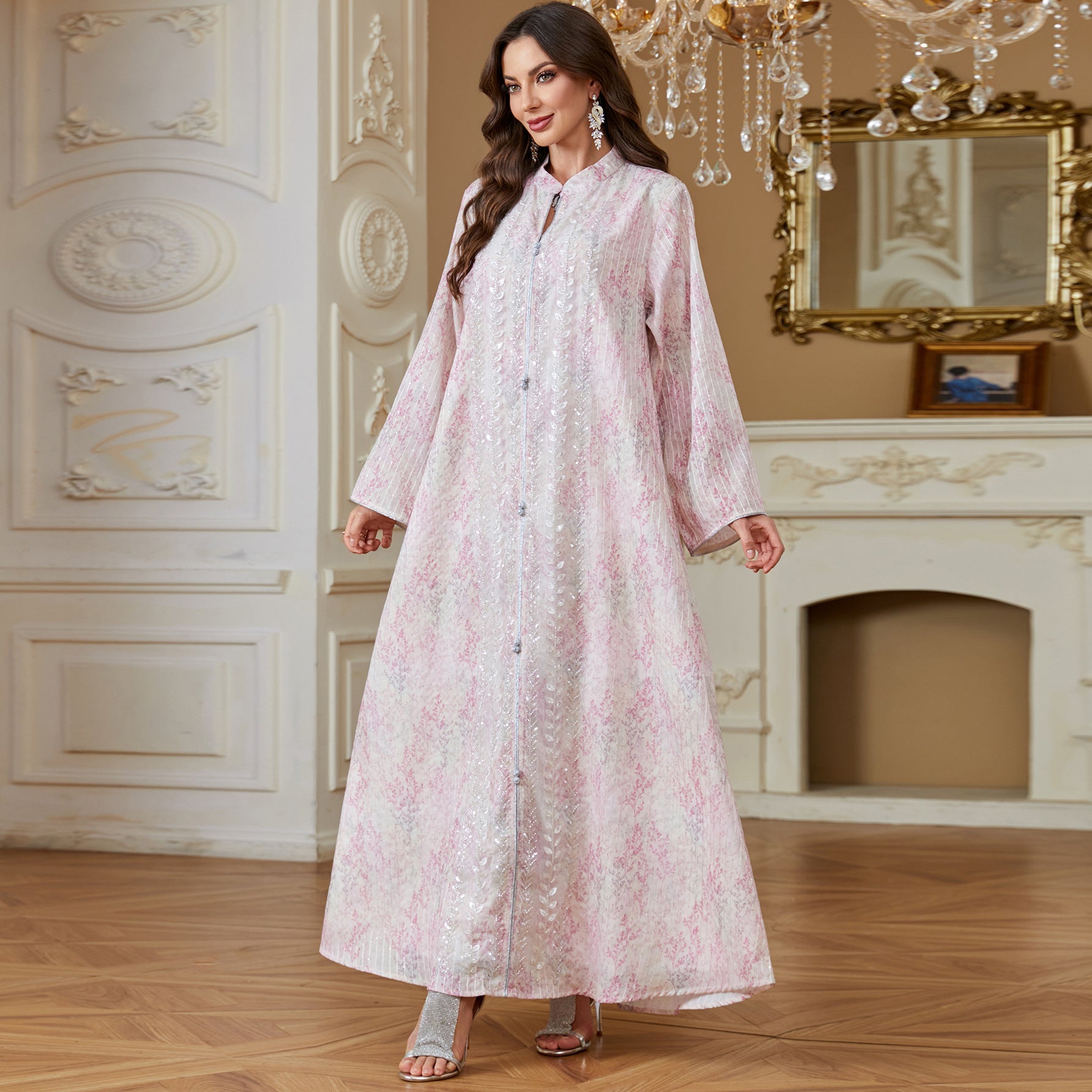 Women Stand Collar Zip Front Abaya Watercolor Gradient Print Sequined Long Kaftan Dress 2 Colors Light Shimmer Fabric For Ramadan Banquet Wedding