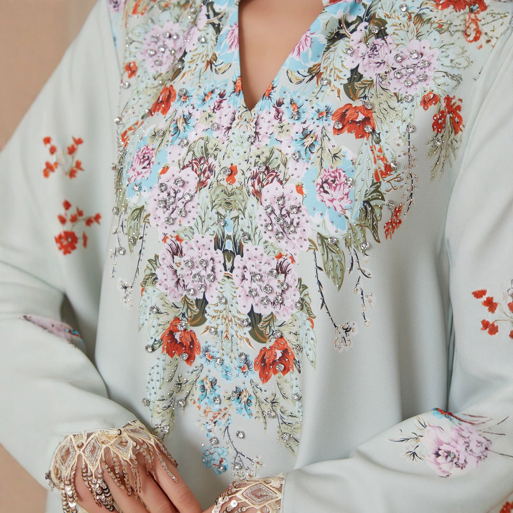 Women Stand Collar V Notch Floral Print Abaya Gold Metallic Tassel Flare Sleeve Maxi Jalabiya Pastel Satin Loose Modest Gown For Eid Mubarak Ramadan Wedding Party