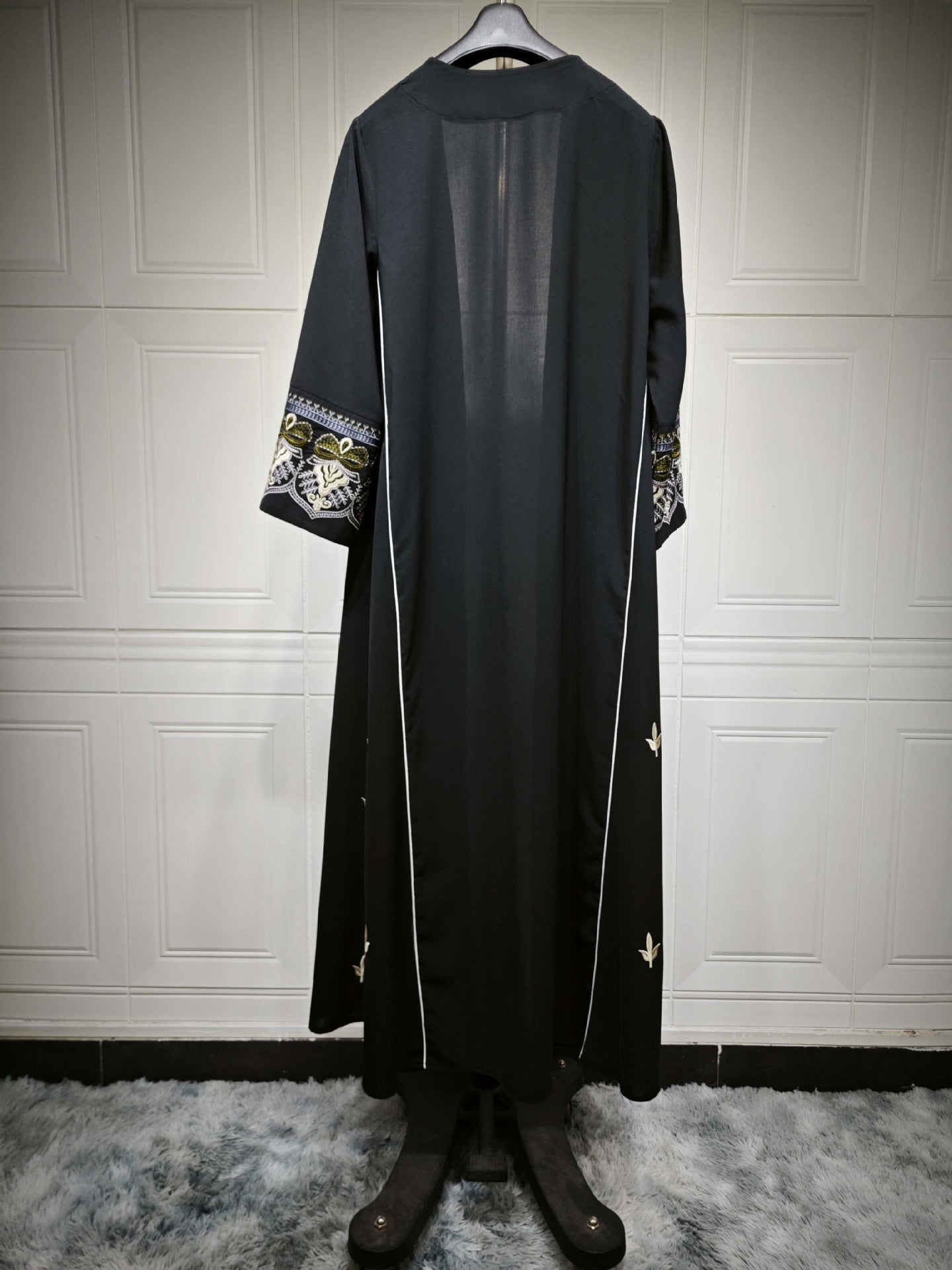 Embroidered Open Front Abaya Cardigan Modest Long Maxi Dress Jalabiya for Muslim Women Eid Ramadan Party Daily Wear One Size