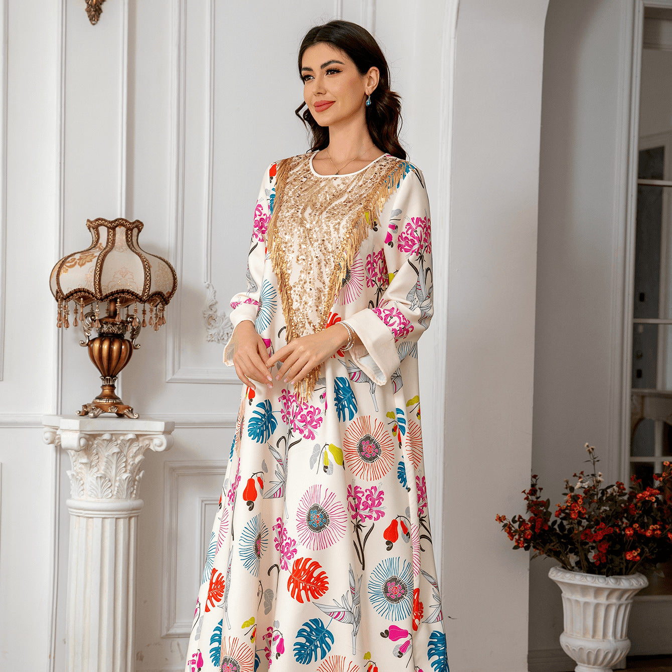 Ivory Floral Print V-Neck Maxi Abaya - Modest Long Dress for Women