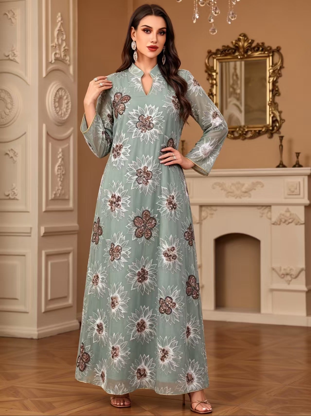 Green Lotus Pink White V-Neck Beaded Ethnic Print Maxi Abaya Dress