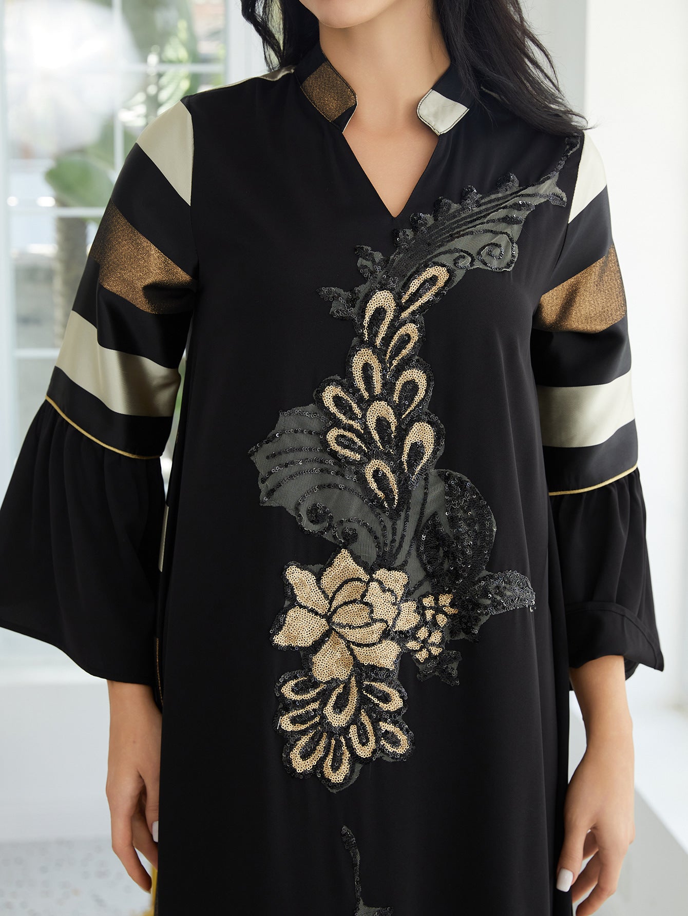 Gulf Islamic Modest Long Robe Black Base Vertical Vintage Gold Flower Sequin Embroidery Notch V Collar Multicolor Color Block Striped Wide Flare Cuff Oversize Irregular Hem Dubai Abaya For Ladies Formal Evening Occasion