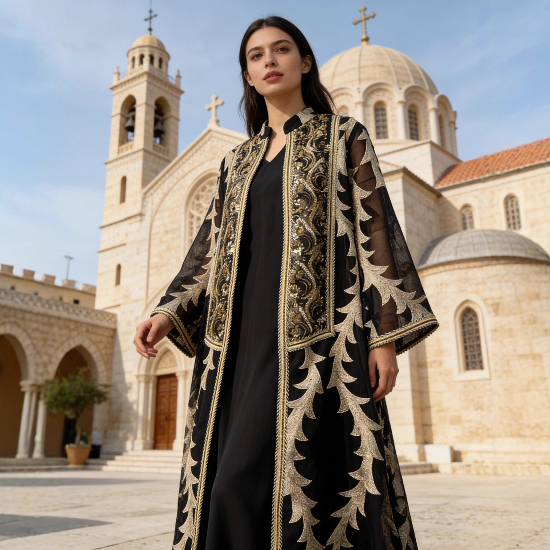 Heavy Beaded Sequin Embroidered Mesh Two-Piece Set Muslim Women Modest Maxi Abaya Jalabiya Kaftan Dress for Eid Ramadan