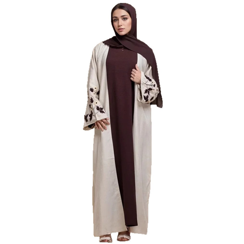 Light Beige Embroidered Sleeve Open Front Cardigan Abaya Soft Breathable Fabric Modest Maxi Robe for Muslim Women Everyday