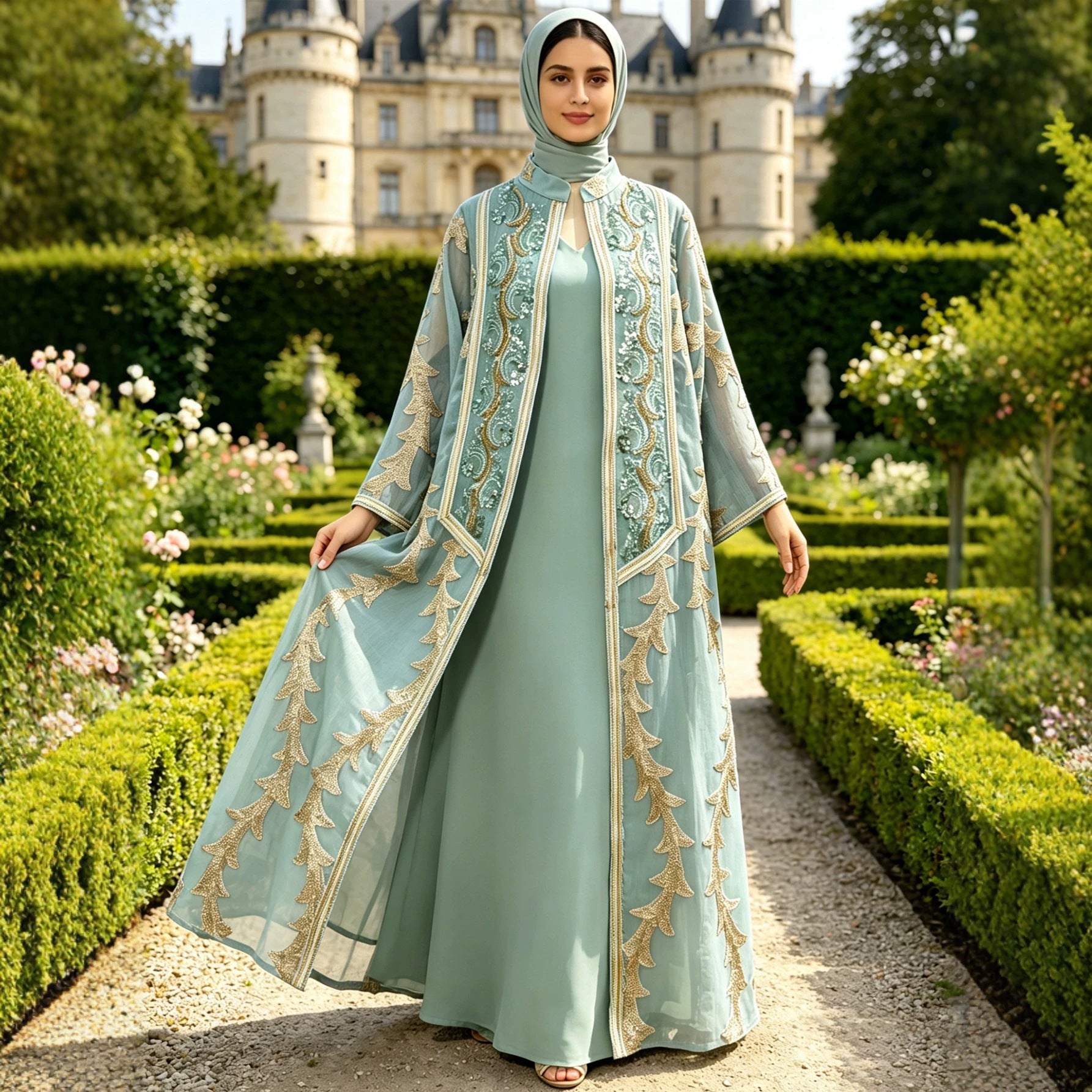 Beaded Sequin Embroidered Two-Piece Set Jalabiya Long Maxi Dress for Eid Ramadan Evening Party Gown S-XXL