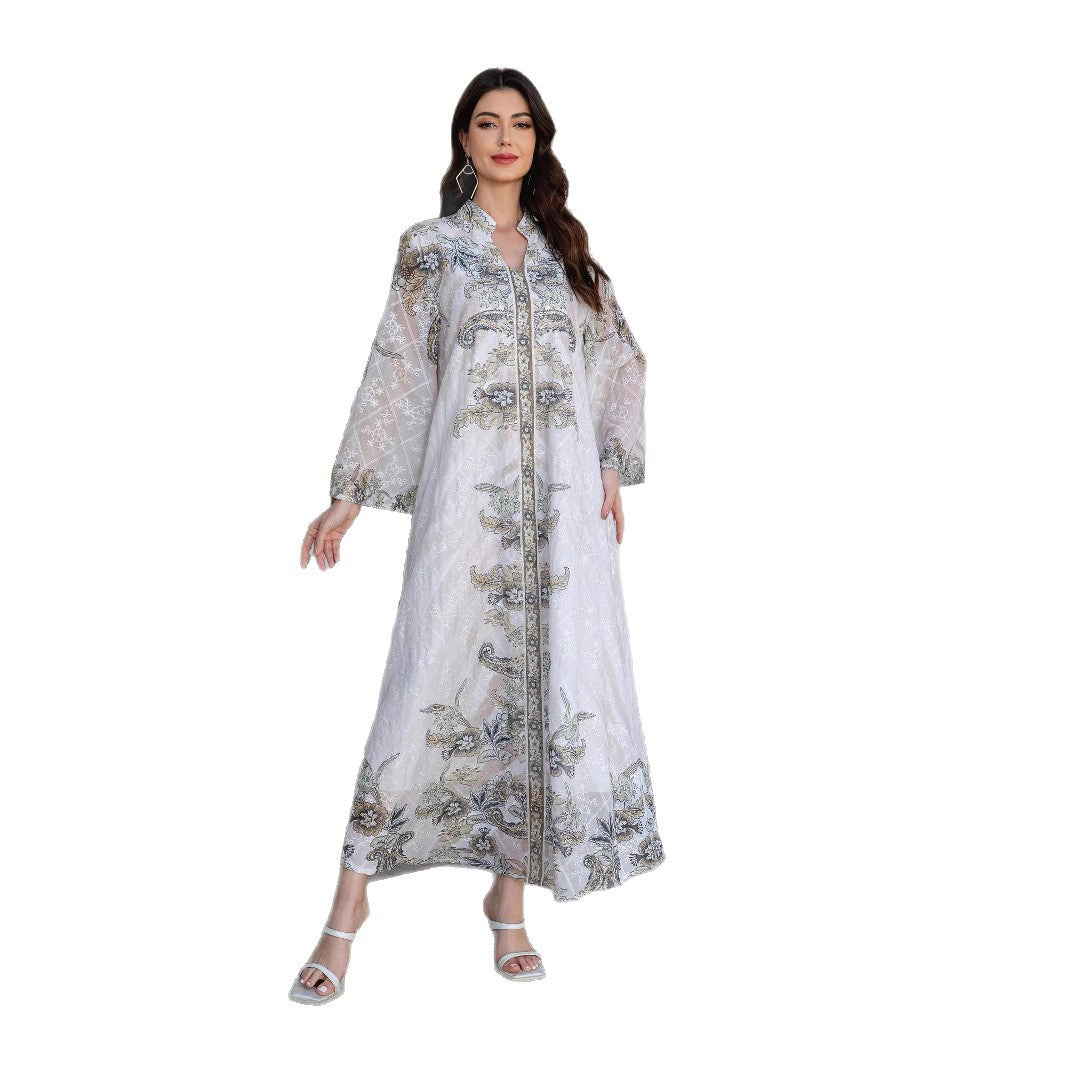 Light Grey Mandarin Collar Abaya - Printed Rhinestone Modest Robe