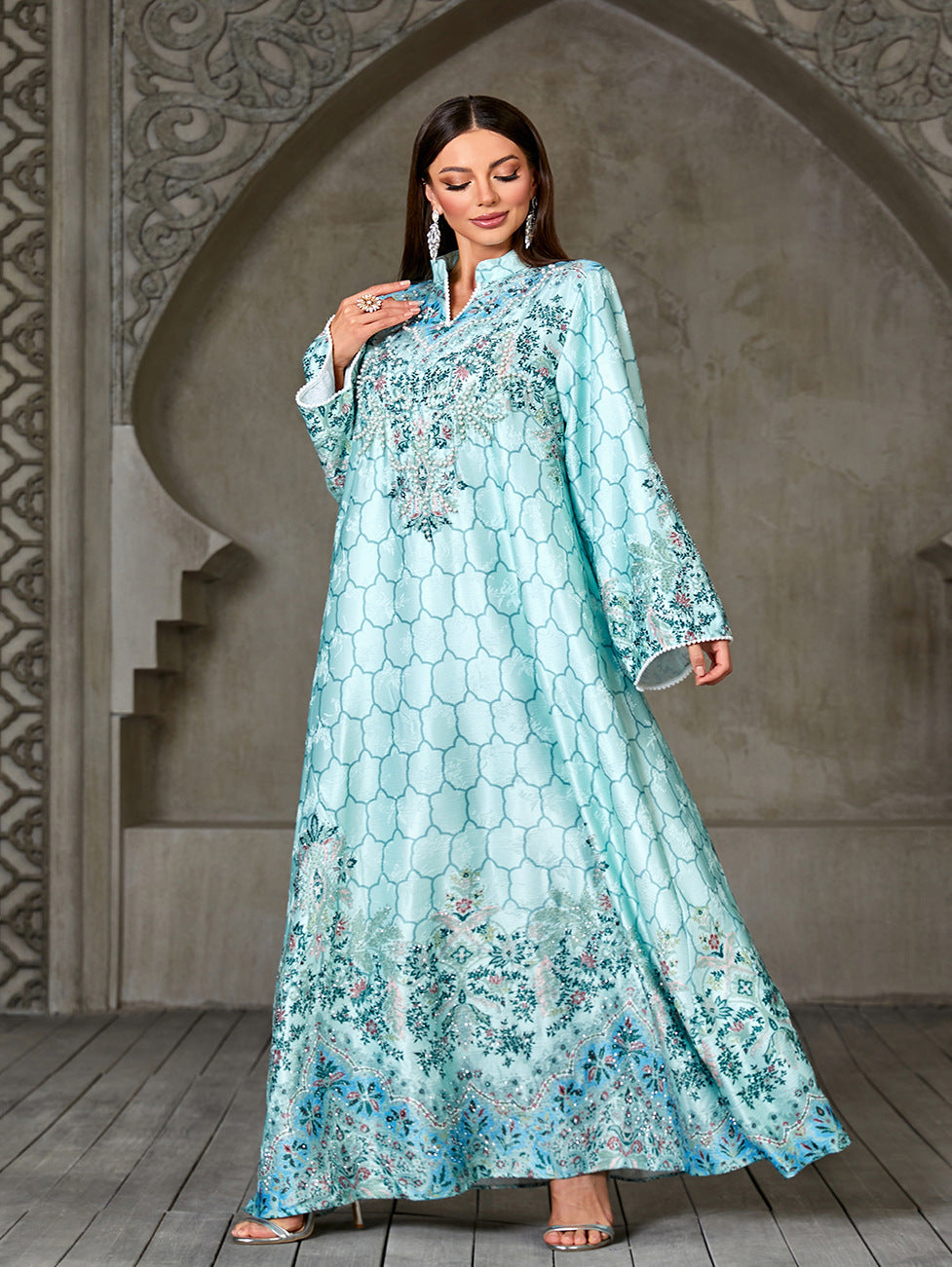 Jacquard Beaded Rhinestone Engineered Print Gown Jalabiya Modest Long Maxi Dress for Muslim Women Eid Ramadan S-XXL