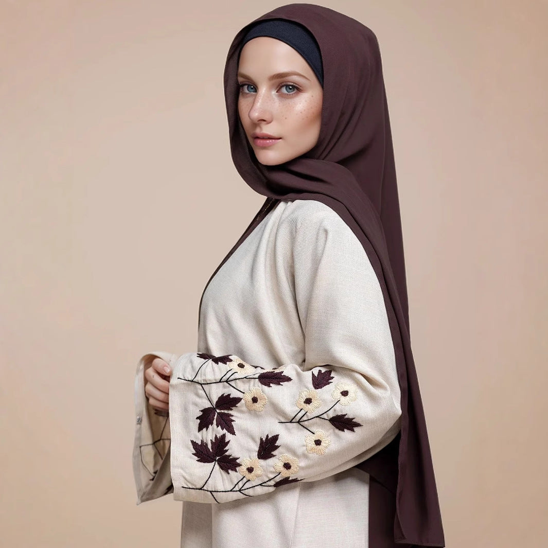 Light Beige Embroidered Sleeve Open Front Cardigan Abaya Soft Breathable Fabric Modest Maxi Robe for Muslim Women Everyday