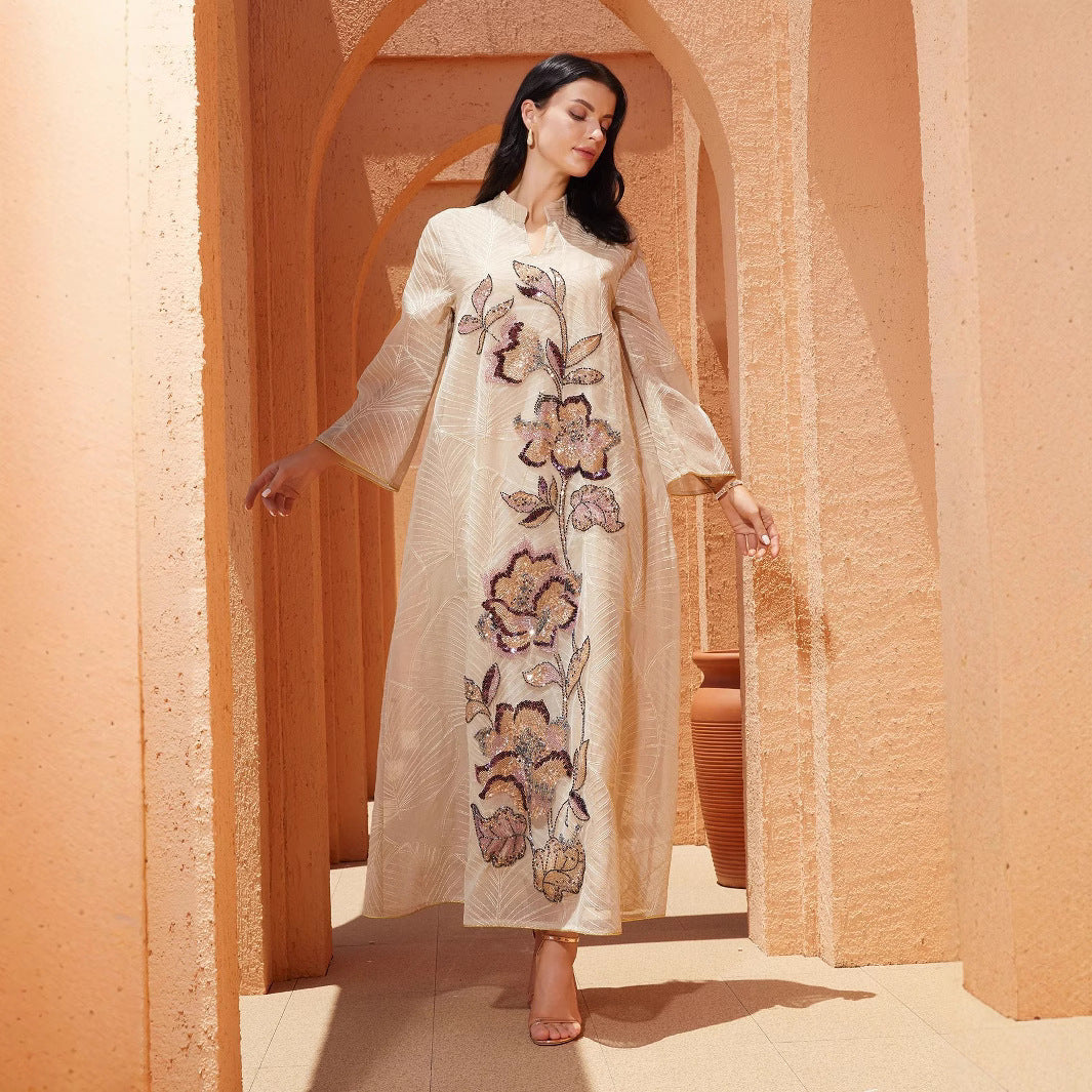 New Style Mesh Embroidered Dress, Ethnic Costume with Heavy Appliqué, Abaya Robe