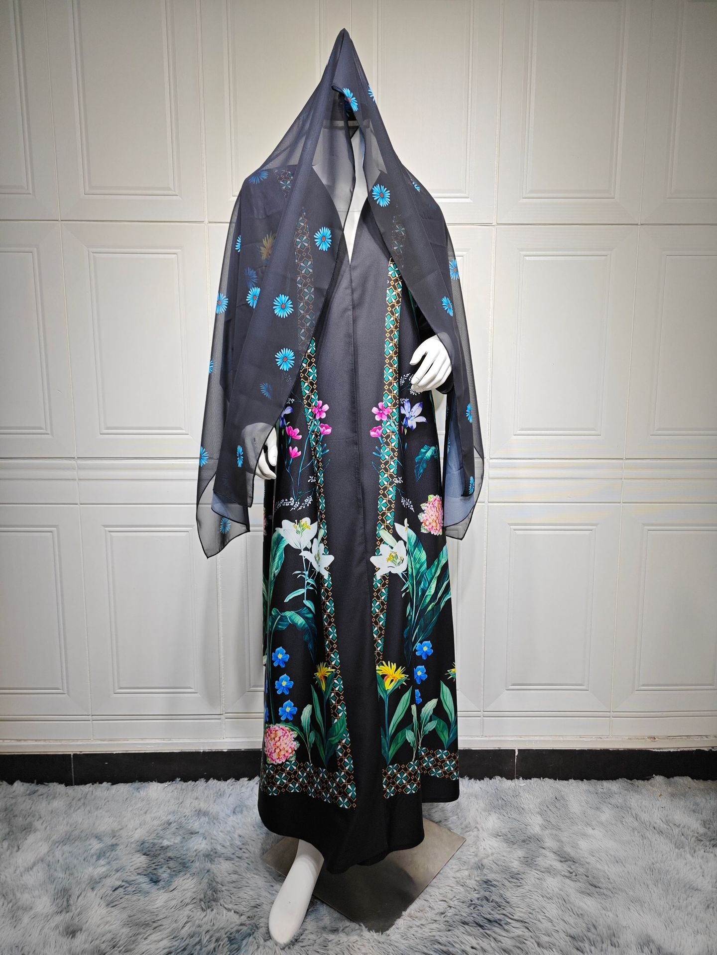 Black Floral Print Open Outerwear Maxi Abaya with Hijab Two-Piece Set