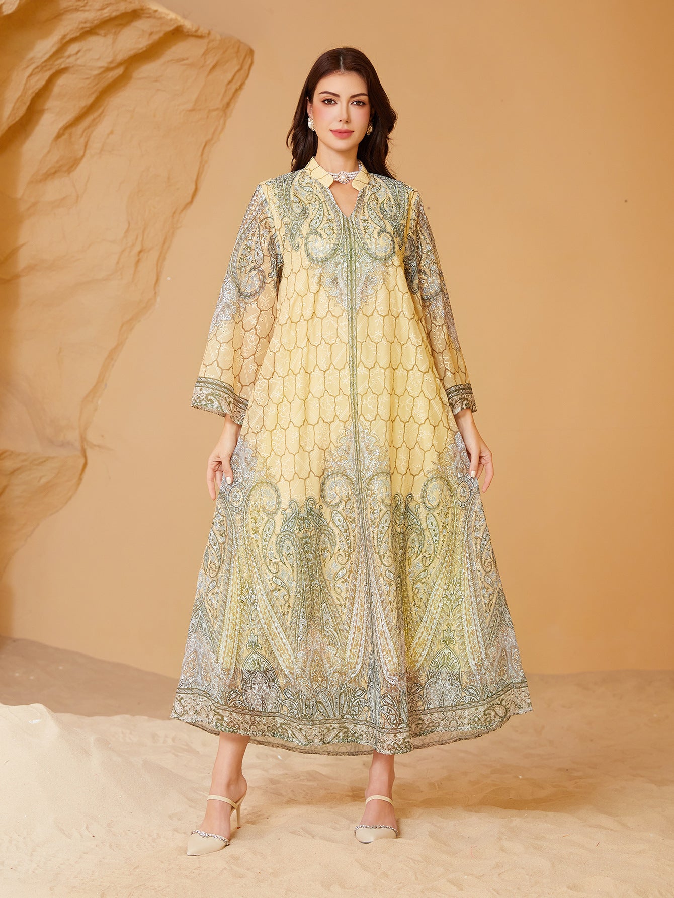 Sunlit Yellow Rhinestone Embroidered Abaya – Modest Muslim Maxi