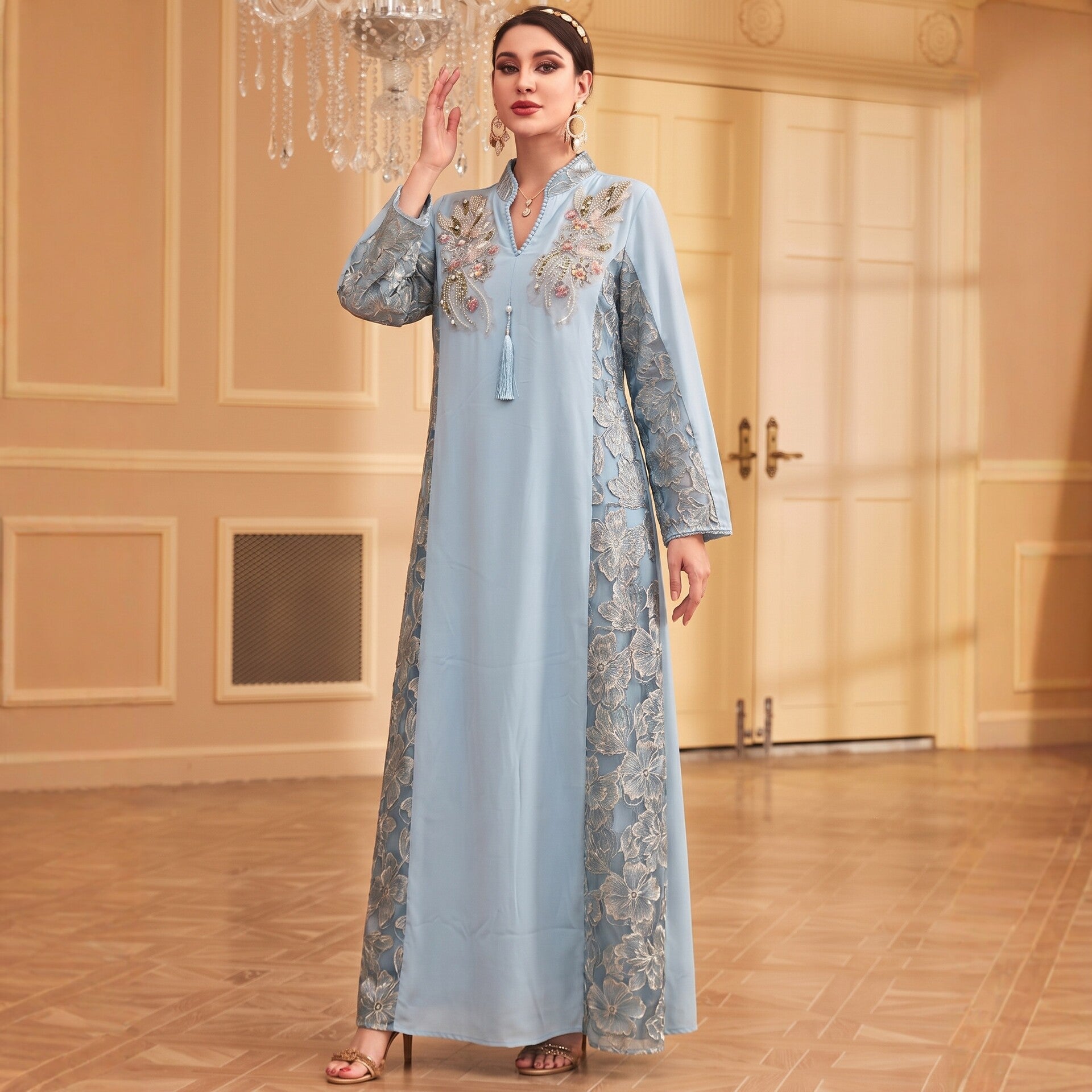 Ivory Pink Light Blue V-Neck Beaded Embroidered Evening Maxi Abaya