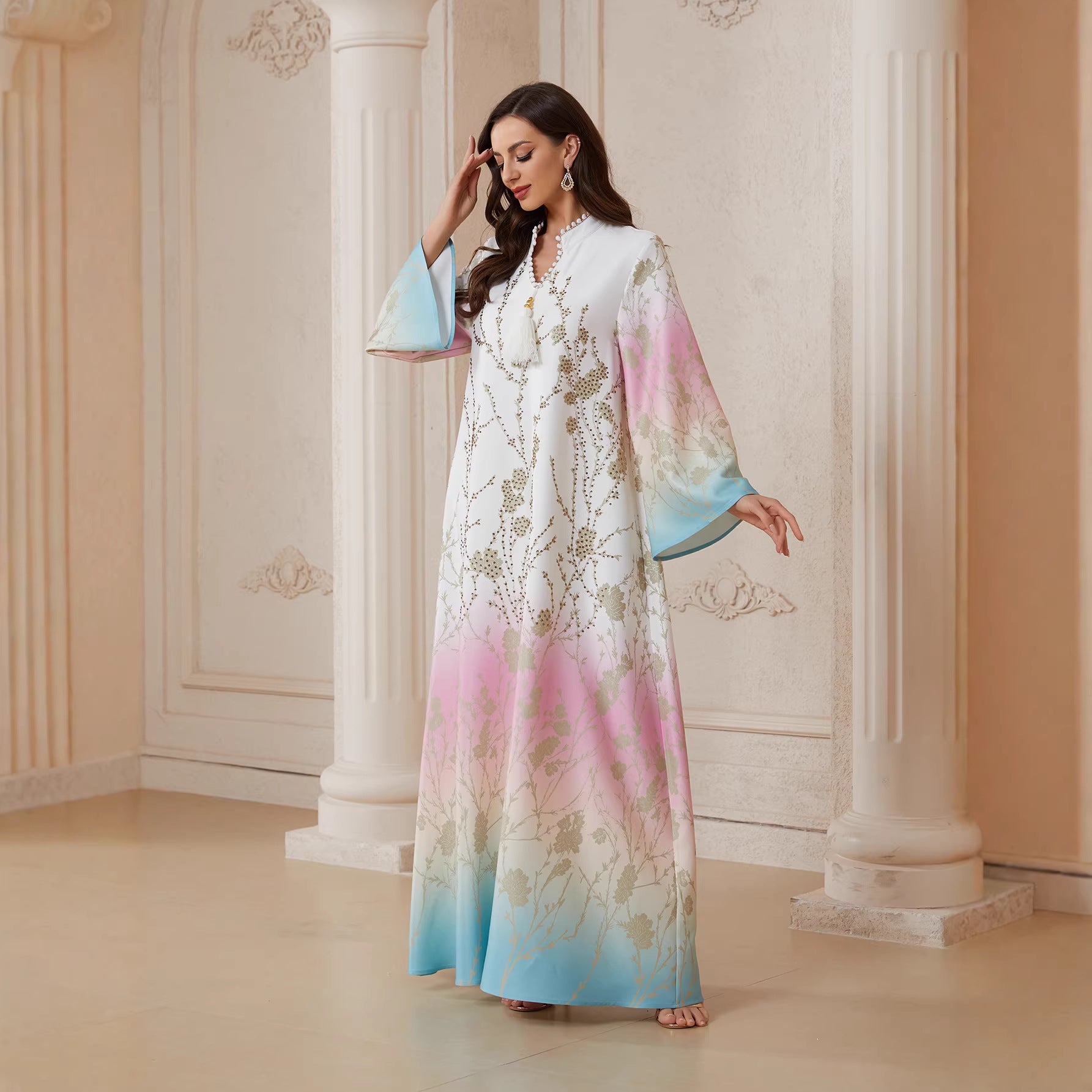 White Pink Blue Ombre Gradient Mandarin Stand Collar Pan-Arab Craft Modest Tunic Matte Satin Golden Rhinestone Branch Floral Print Pearl Neck Tassel Closure Wide Bell Floor Maxi Robe | Pan-Arab Malay Ladies Luxury Soft Modest Outfit For Wedding Cerem
