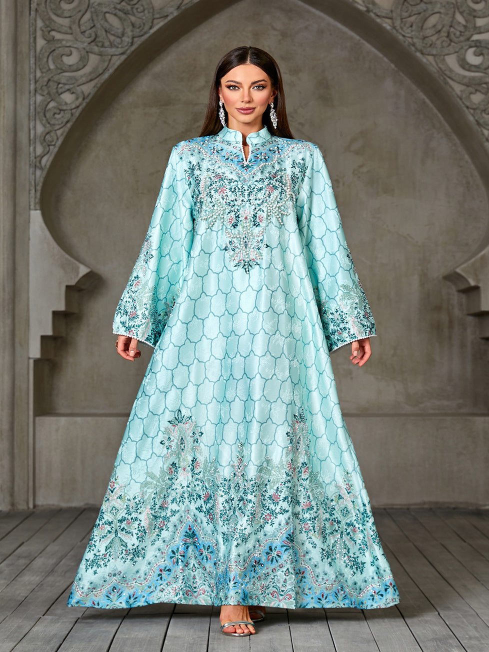 Jacquard Beaded Rhinestone Engineered Print Gown Jalabiya Modest Long Maxi Dress for Muslim Women Eid Ramadan S-XXL