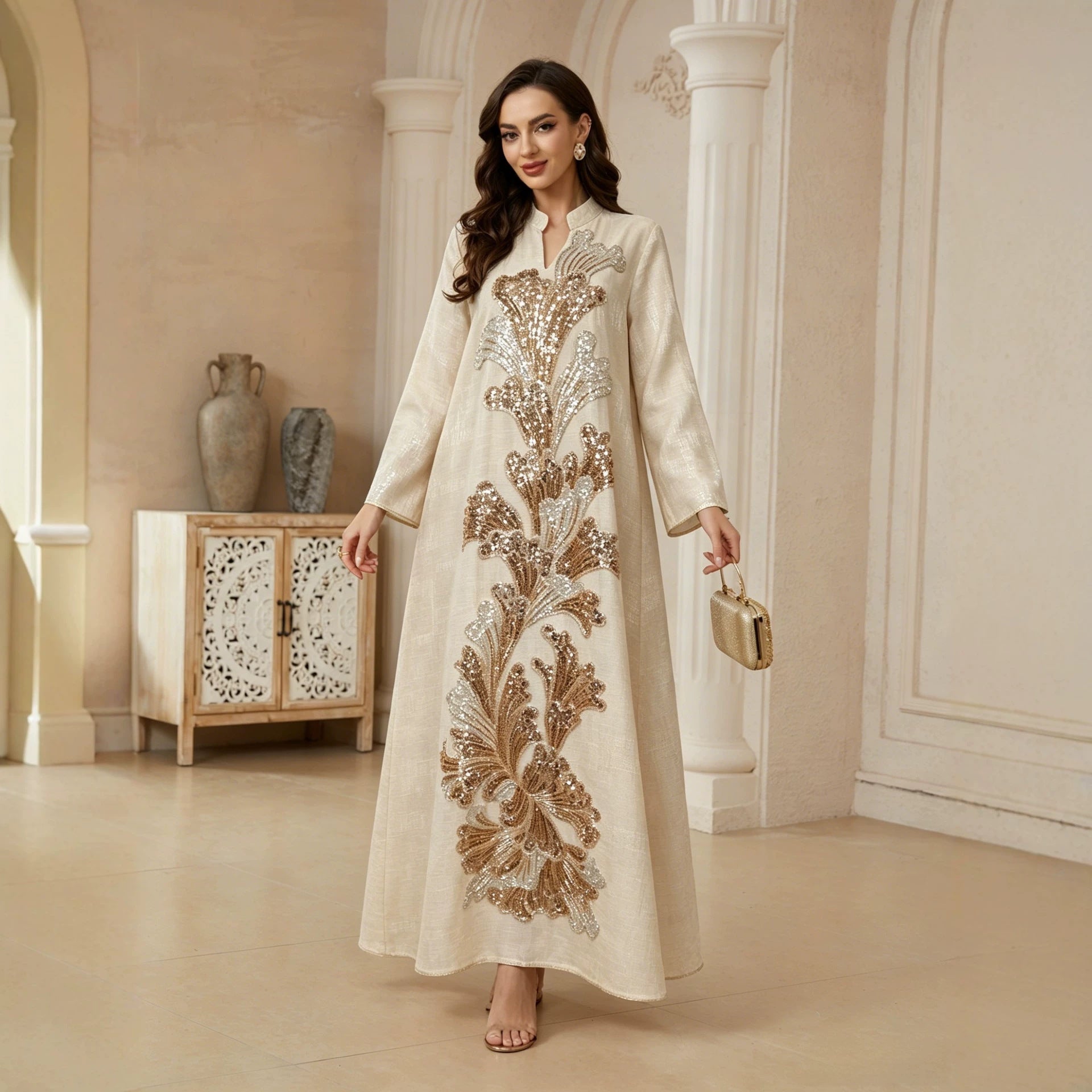 Apricot Grey Lotus Sequin Embroidered Draped Plus Size Gown Jalabiya Modest Long Maxi Dress for Muslim Women Eid Ramadan