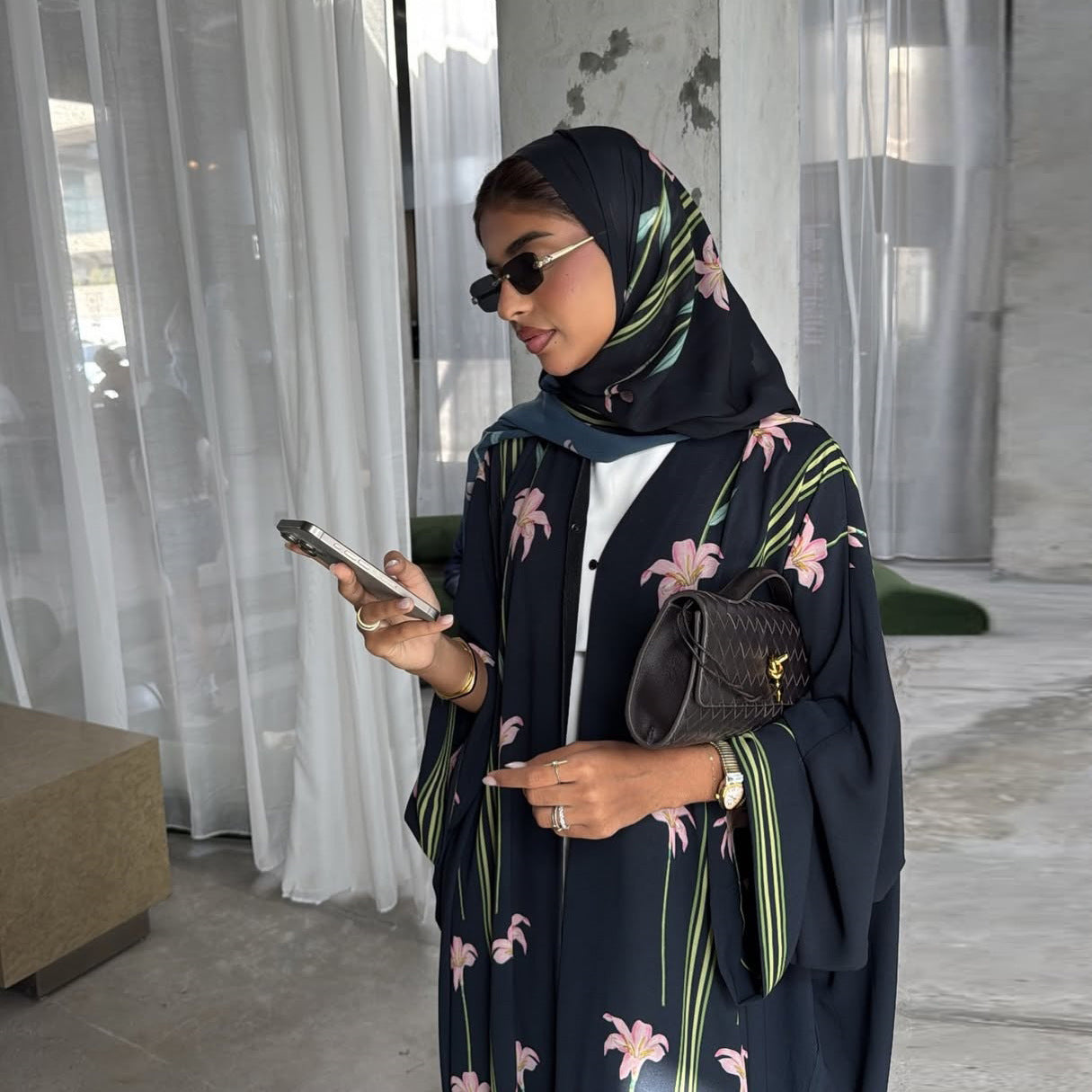 Black Floral Print Open Outerwear Maxi Dress with Hijab Two-Piece Set