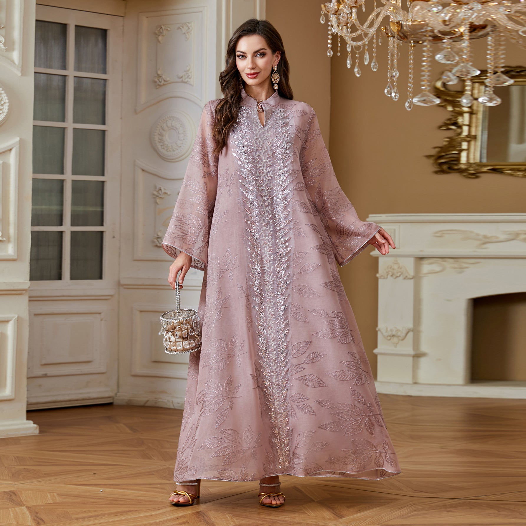 3 Colors Leaf Jacquard Hand Beaded Abaya Women Stand Collar V Notch Flare Sleeve Maxi Jalabiya Luxury Embellished Kaftan Lightweight Modest Gown For Eid Mubarak Ramadan Wedding Evening Party