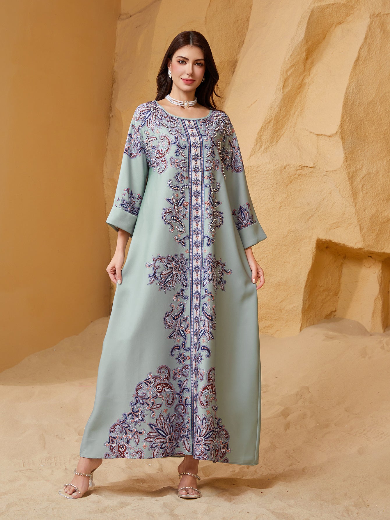Dazzling 6-Color Rhinestone Kaftan – Modest Muslim Boho Maxi