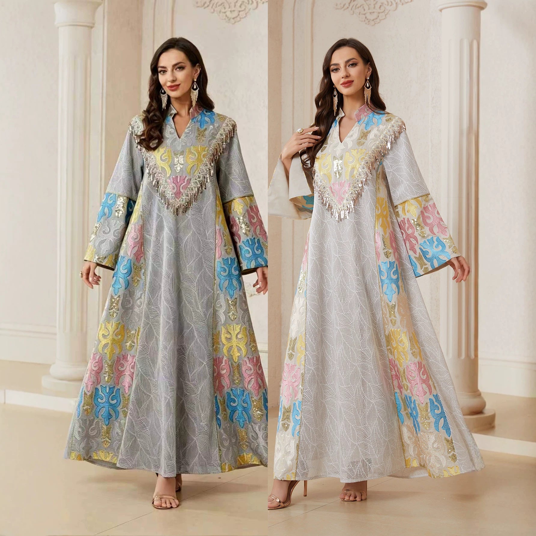 Women Grey White Colorful Embroidery Tassel V Stand Collar Flare Sleeve Abaya Loose Long Dubai Muslim Modest Kaftan Maxi Dress For Wedding Eid Ramadan