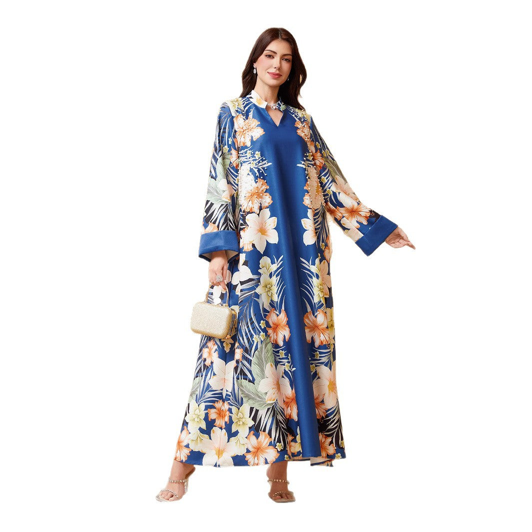 Blue Apricot Purple Printed Abaya - Plus Size European Long Robe