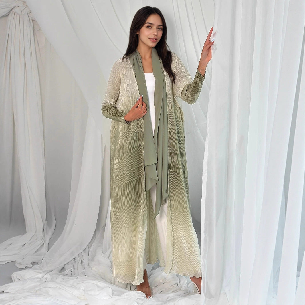Gradient Print Pleated Open Front Abaya Cardigan Modest Long Maxi Dress for Muslim Women Eid Ramadan Casual S-XXL