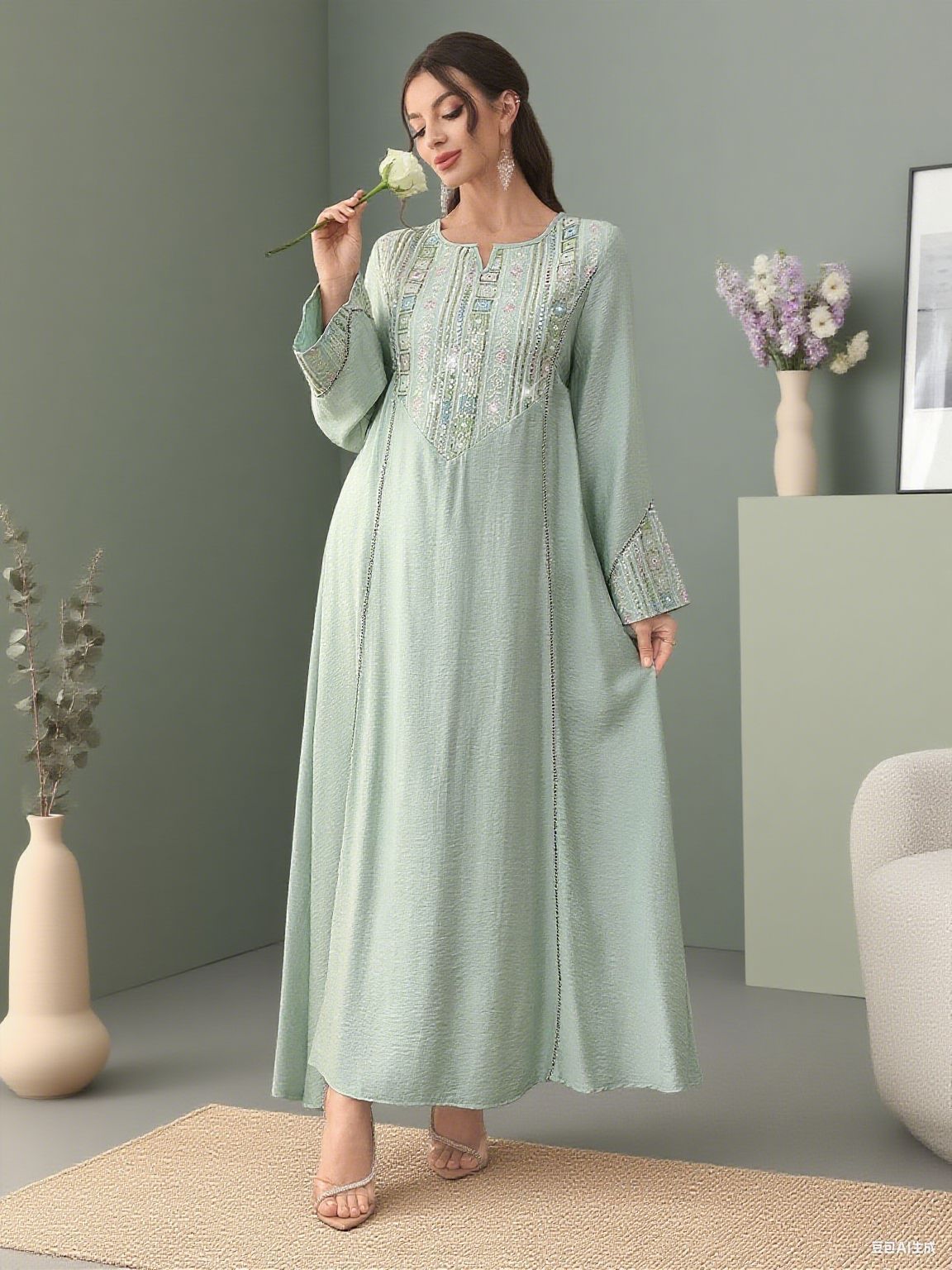Sequin Embroidered Long Dress with Cover-Up Jalabiya Modest Long Maxi Dress for Muslim Women Ramadan Prayer Casual Wear S-XXL