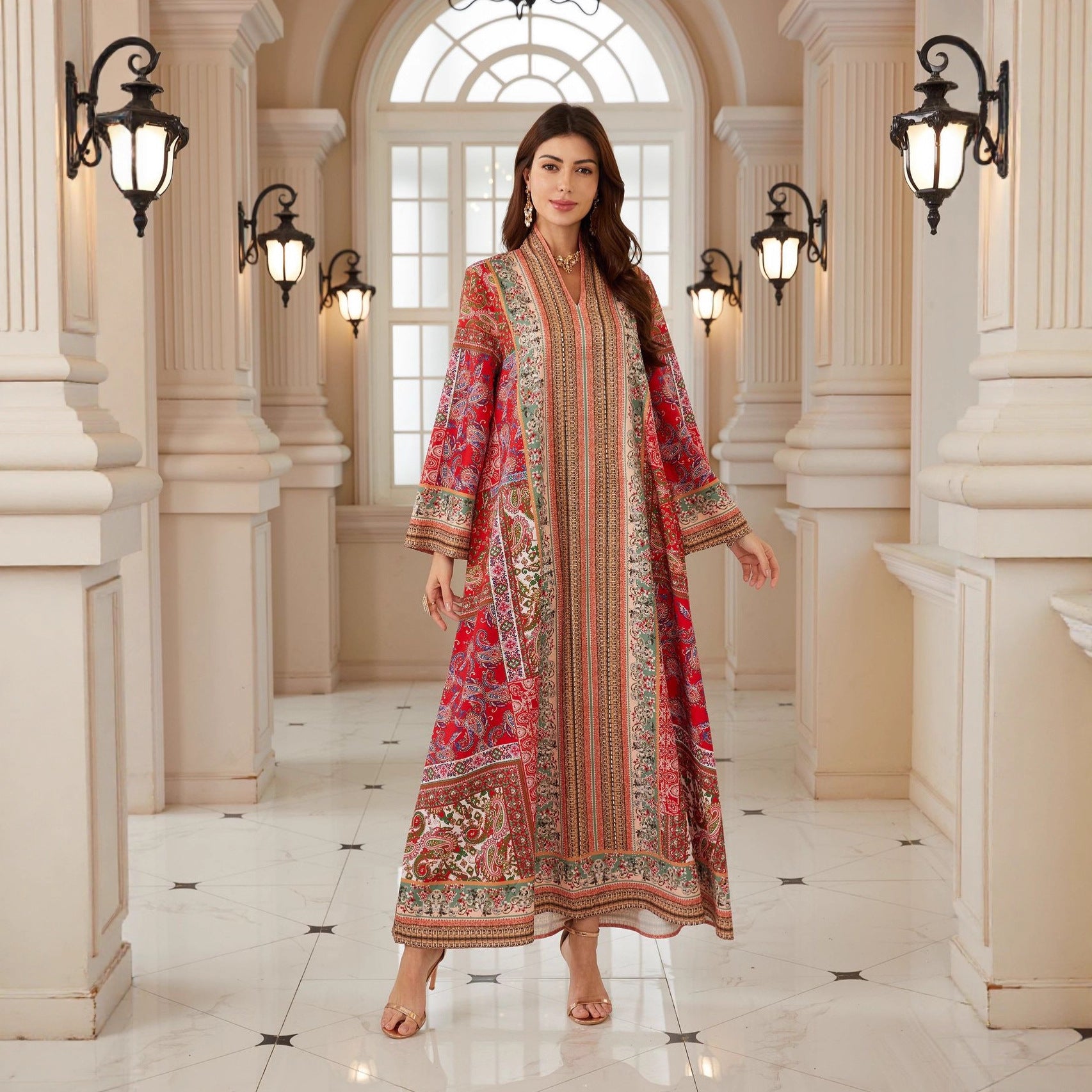 Graceful Red Boho Abaya – Printed Muslim Maxi Dress for Eid