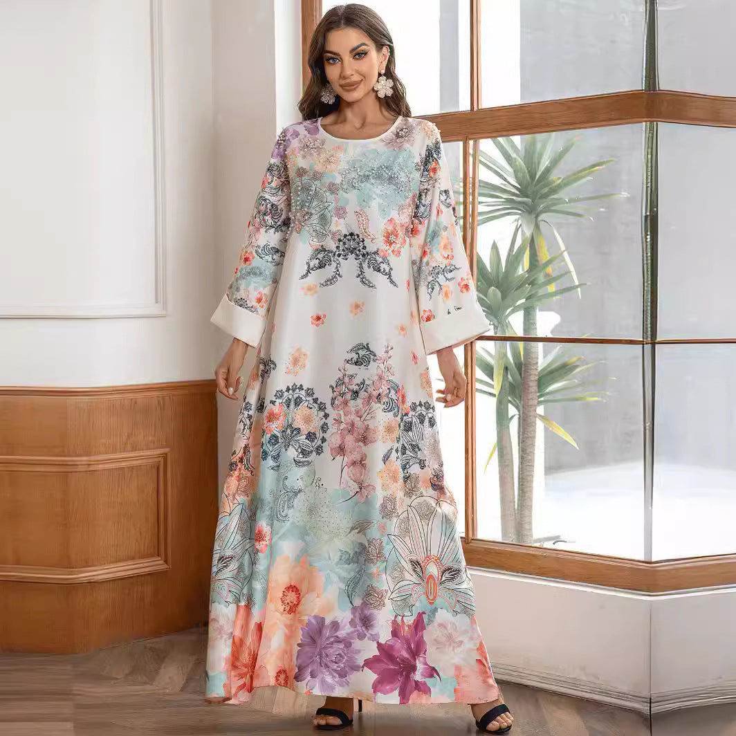 Stylish Floral Rhinestone Kaftan – Plus-Size Modest Muslim Dress