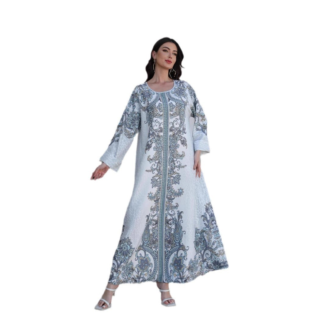 Grey Floral Print Mandarin Collar Rhinestone Plus Size Maxi Abaya