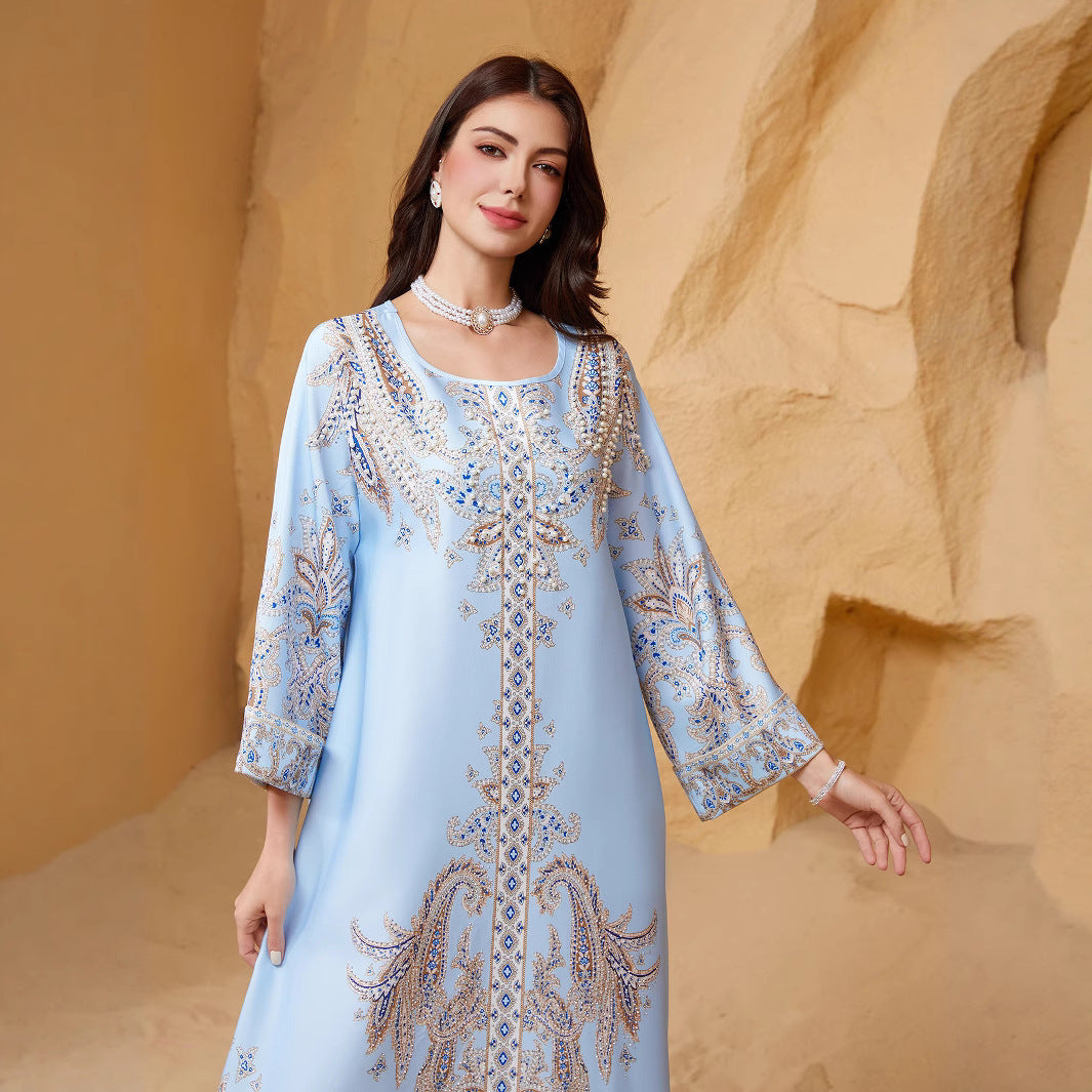 Light Blue and Yellow Rhinestone Beaded Round Neck Fitted Abaya Dress