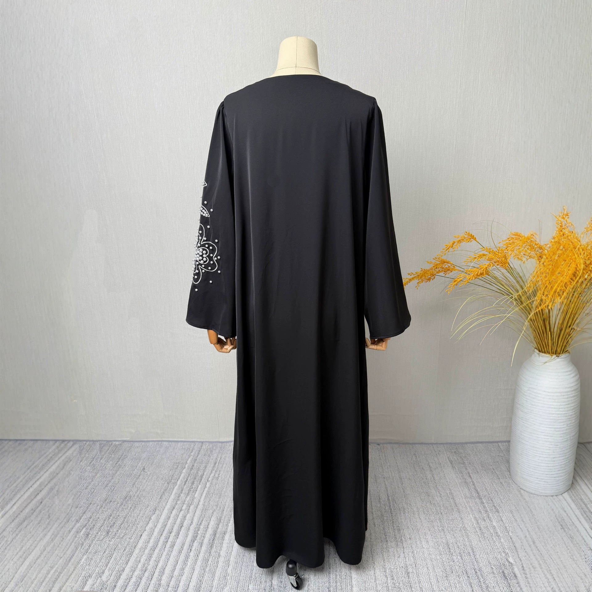 Black Zippered Embroidered Open Outerwear Maxi Abaya Dress Jalabiya Modest Long Dress for Eid Ramadan Evening Party Gown S-XXL