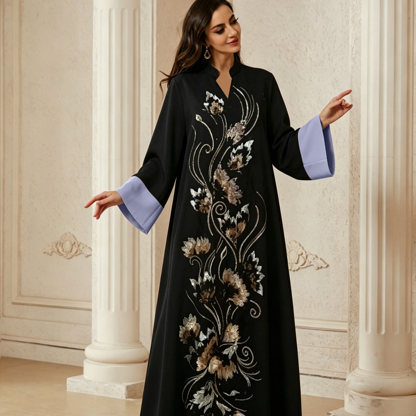 Premium Sequined Floral Embroidered Abaya Women Black Tone Mandarin Collar Contrast Lilac Wide Cuff Floor Length Loose Modest Outfit For Middle East Wedding & Eid Celebration