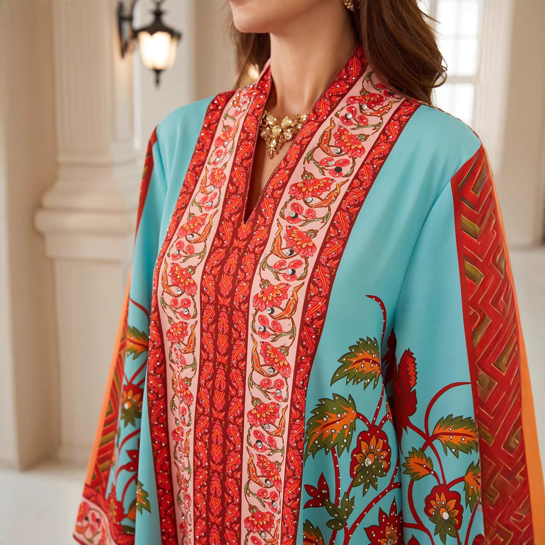 Radiant Floral V-Neck Kaftan – Elegant Modest Maxi Dress