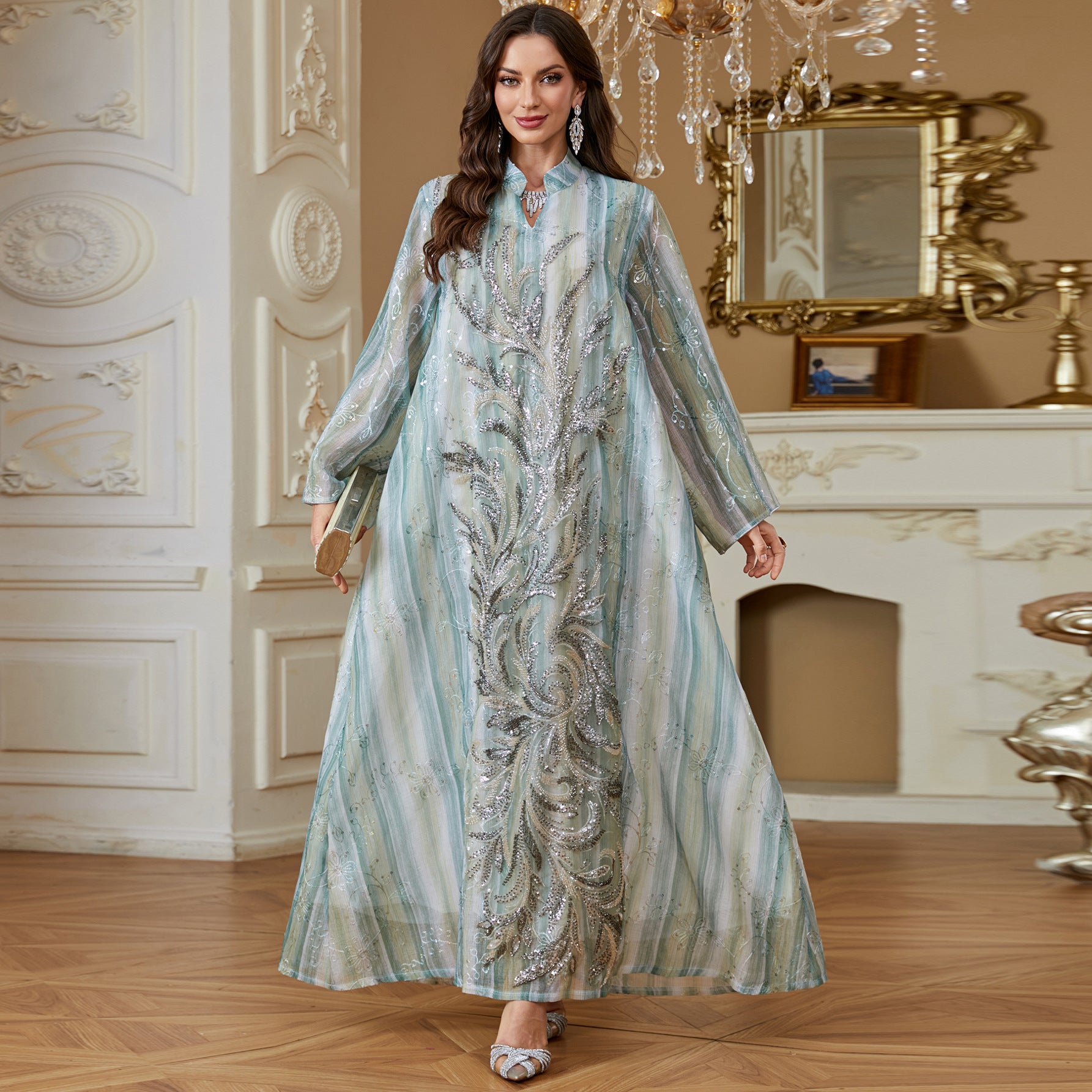 Women Stand Collar V Notch Sequin Embroidery Abaya Gradient Vertical Stripe Print Loose Wide Sleeve Maxi Kaftan Lightweight Formal Modest Dress For Ramadan Wedding Party