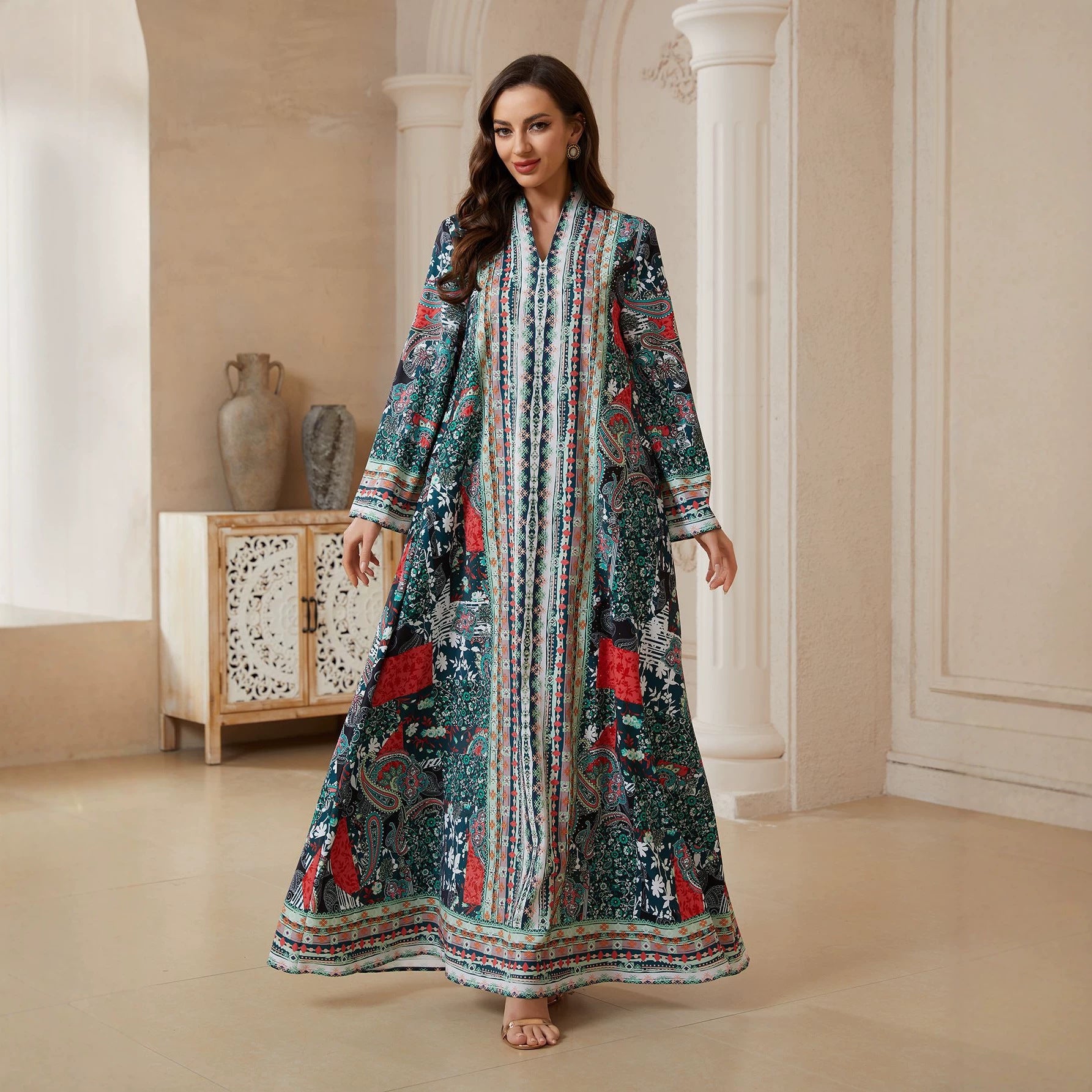 Floral Print Prayer Abaya Robe - Modest Muslim Dress for Women