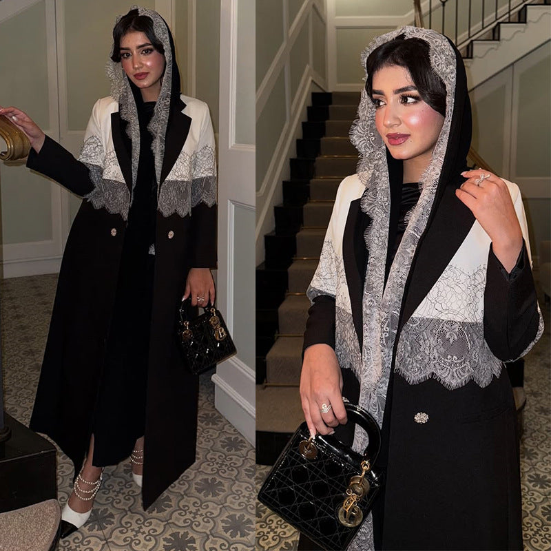 Black Lace Patchwork Long Open Abaya with Hijab Set