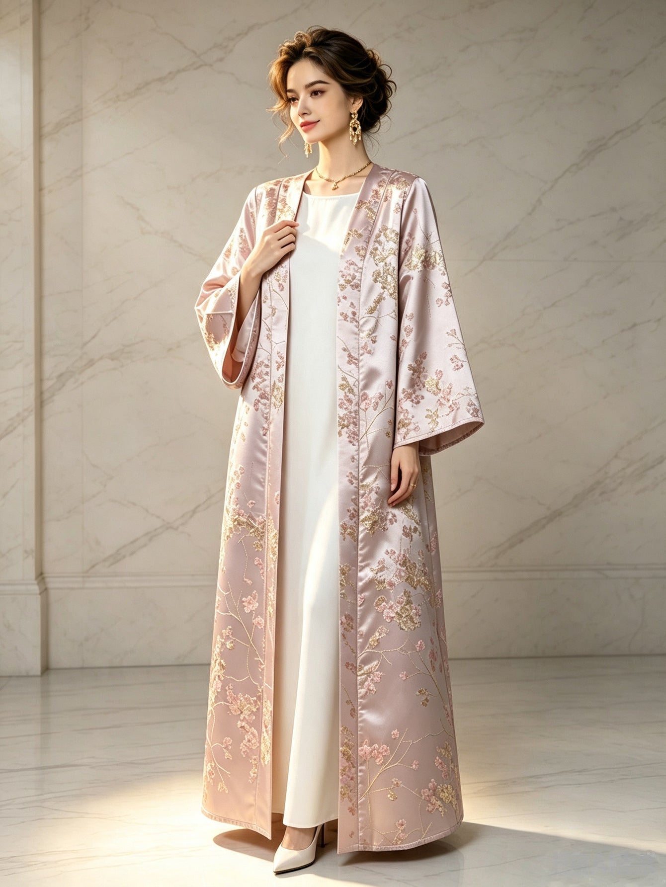 Pink Satin Gold Thread Embroidered Open Cardigan Maxi Abaya Dress Jalabiya Modest Long Dress for Eid Ramadan Festive Celebration S-XXL