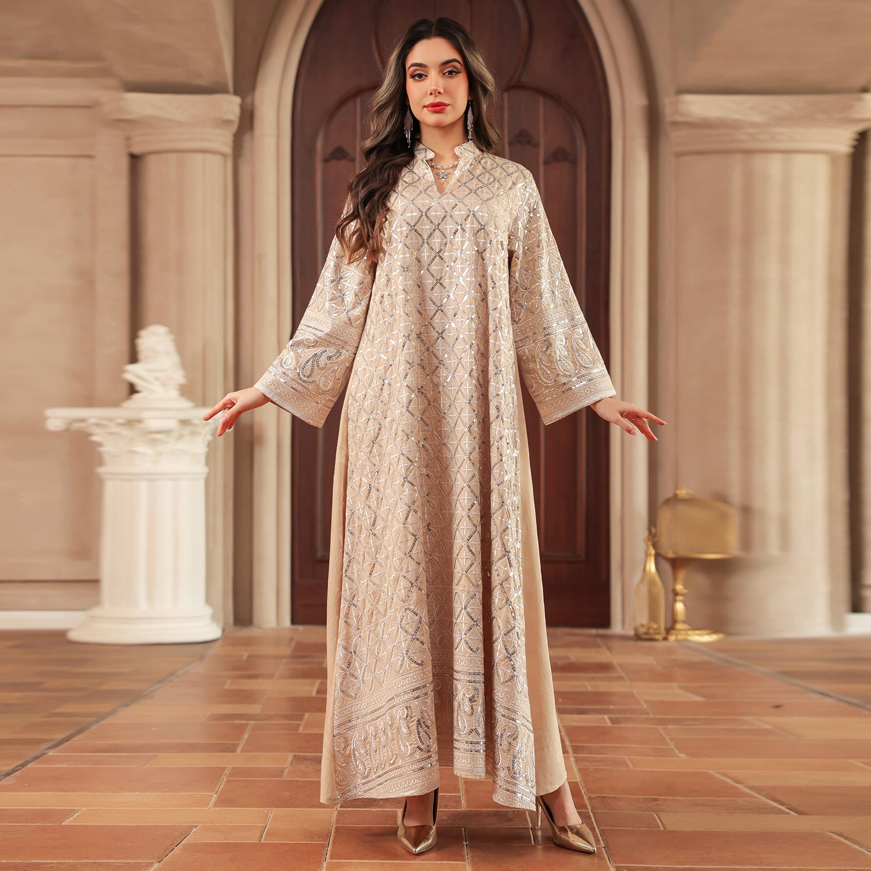 3 Colors Sequin Diamond Embroidery Abaya Women Stand Collar V Notch Flare Sleeve Maxi Kaftan Luxury Modest Long Dress For Eid Ramadan Wedding Party