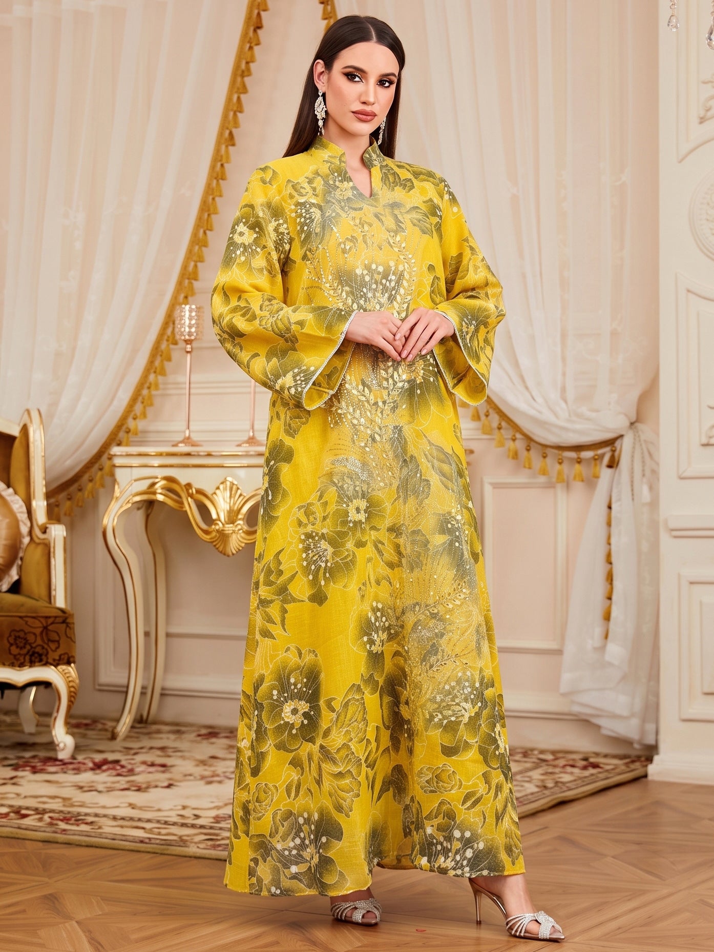 Beaded Sequin Applique Ethnic Pattern Gown Jalabiya Modest Loose Long Maxi Dress for Muslim Women Eid Ramadan M-XXL