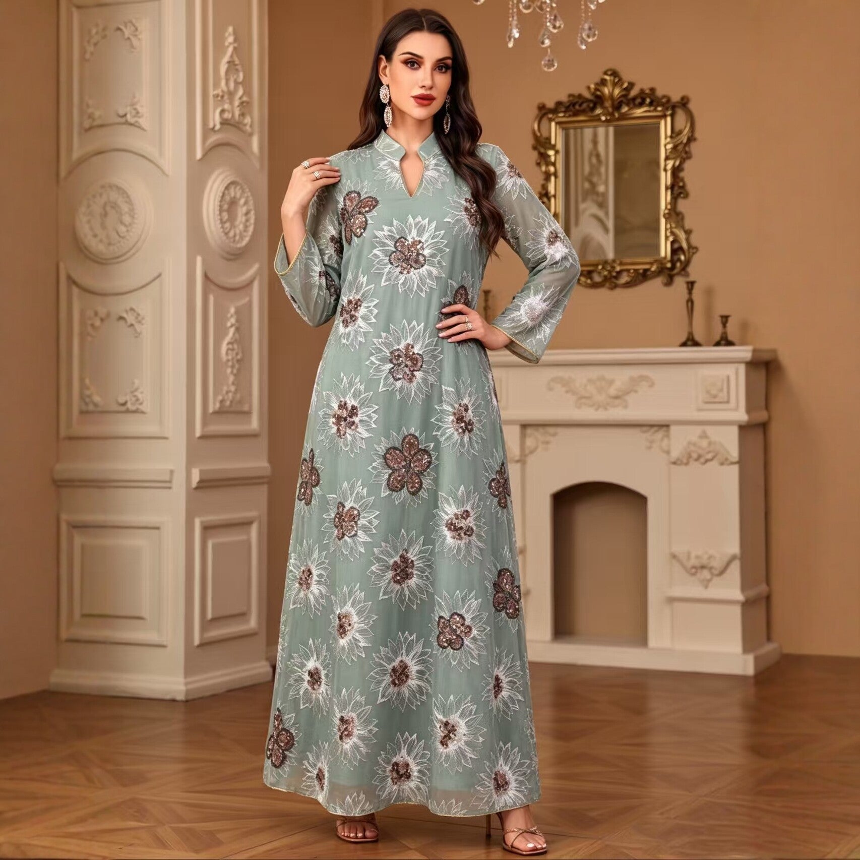 Green Lotus Pink White V-Neck Beaded Ethnic Print Maxi Abaya Dress